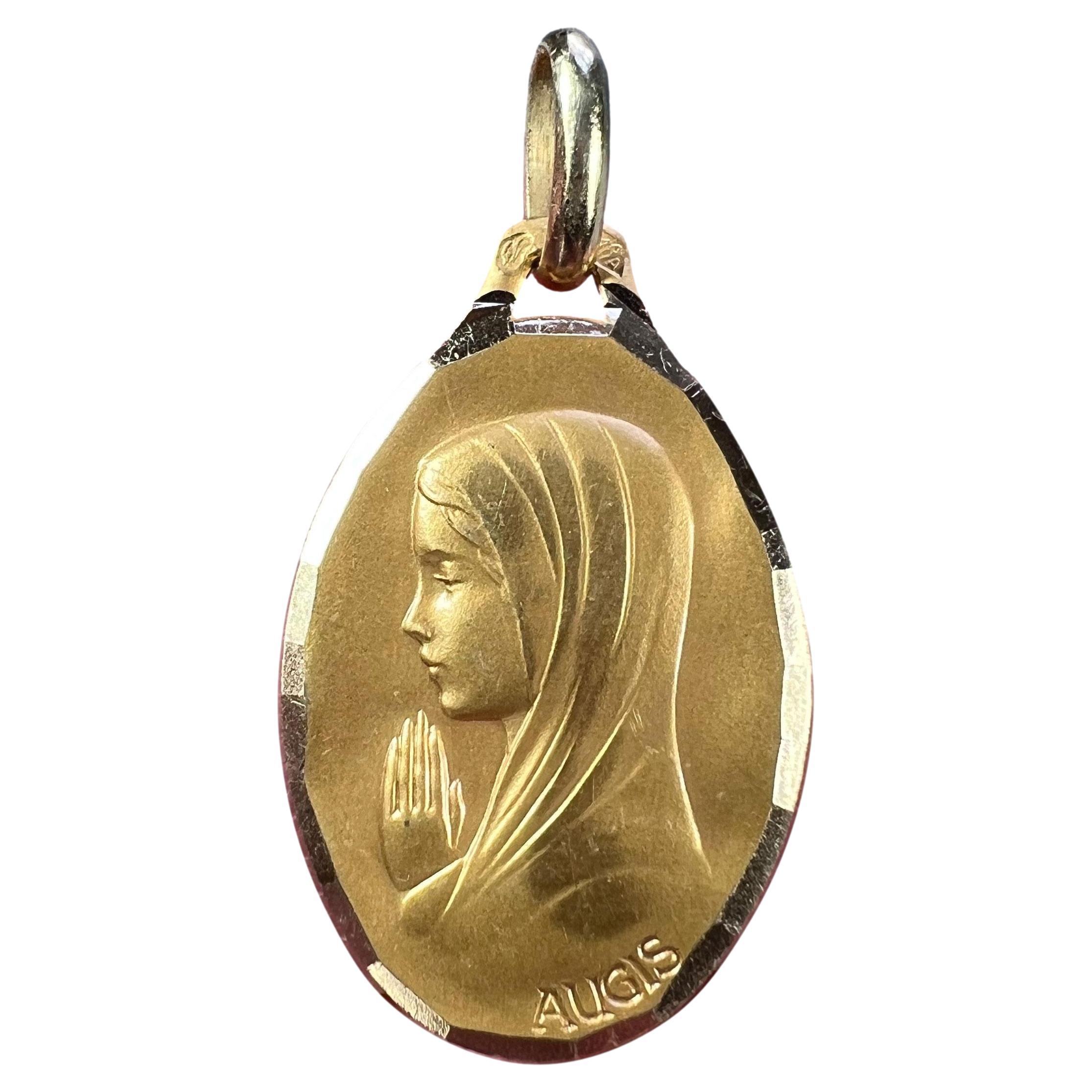 French Augis Virgin Mary 18K Yellow Gold Medal Pendant For Sale