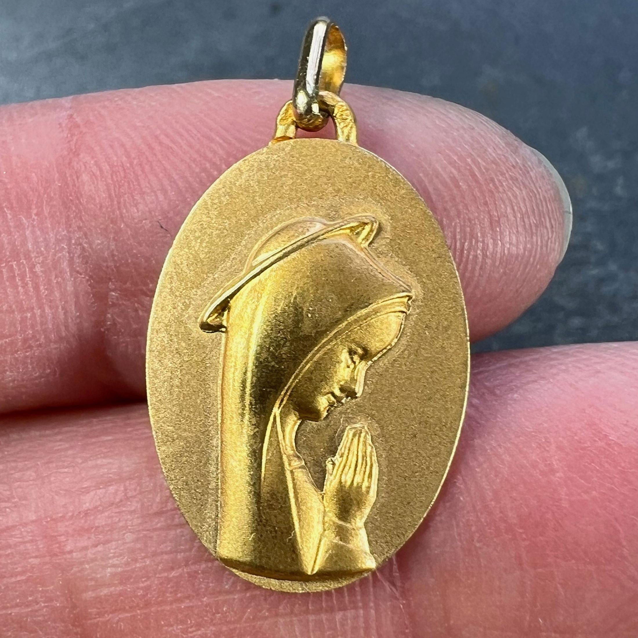 Women's French Augis Virgin Mary 18K Yellow Gold Religious Medal Pendant For Sale