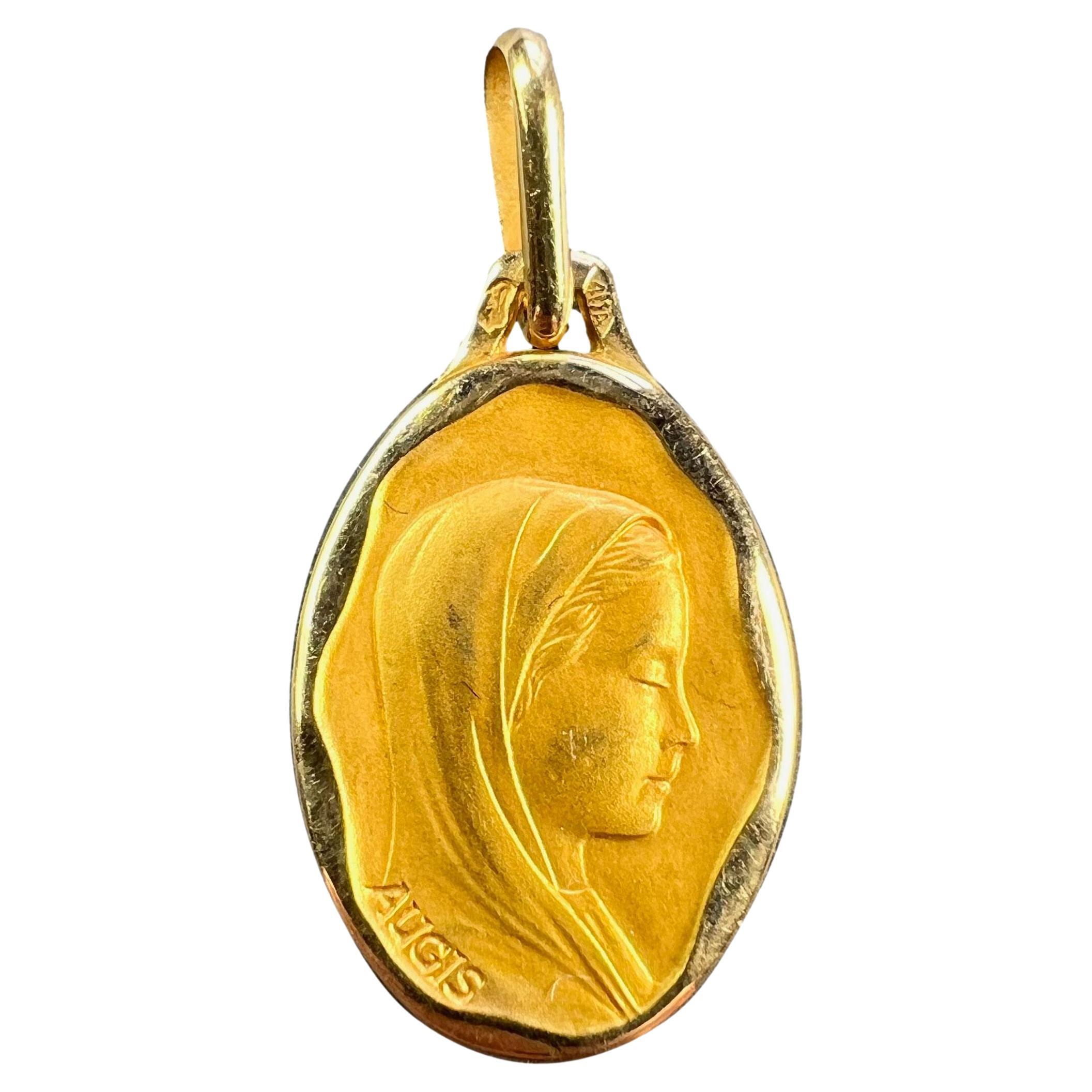 French Augis Virgin Mary 18K Yellow Gold Religious Medal Pendant For Sale