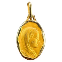 Vintage French Augis Virgin Mary 18K Yellow Gold Religious Medal Pendant