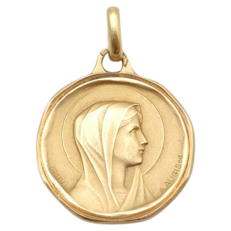 French Augis Virgin Mary Medal 18K Gold Religious Pendant Signed Grun 1960s