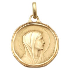 French Augis Virgin Mary Medal 18K Gold Religious Pendant Signed Grun 1960s