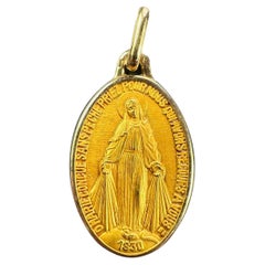 Antique French Augis Virgin Mary Miraculous Medal 18K Yellow Gold Charm Pendant
