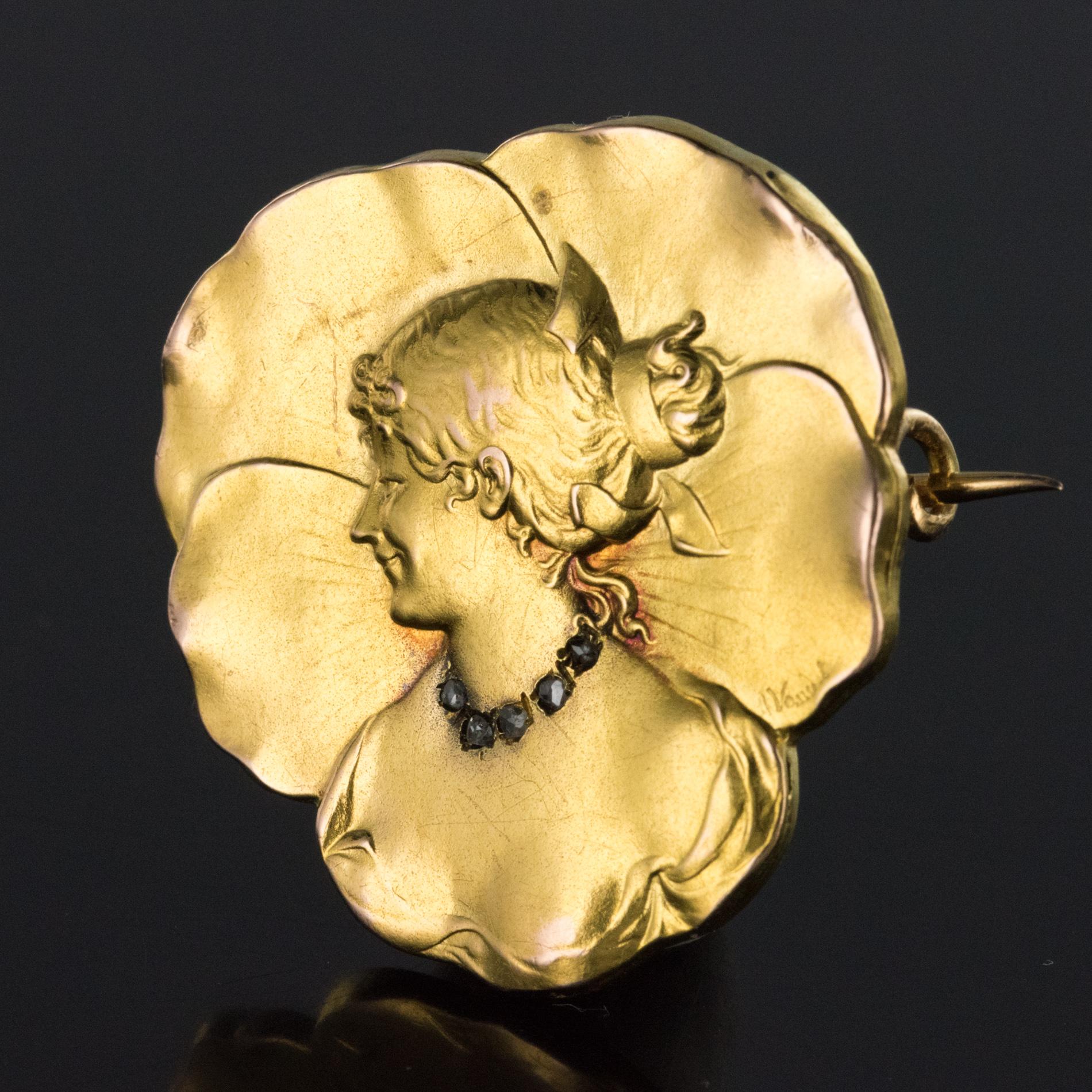 French Auguste Vaudet Art Nouveau Diamond 18 Karat Yellow Gold Brooch 8