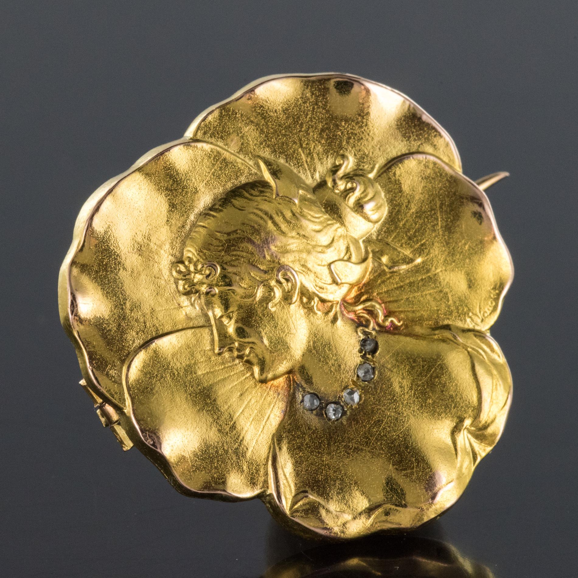 French Auguste Vaudet Art Nouveau Diamond 18 Karat Yellow Gold Brooch 9