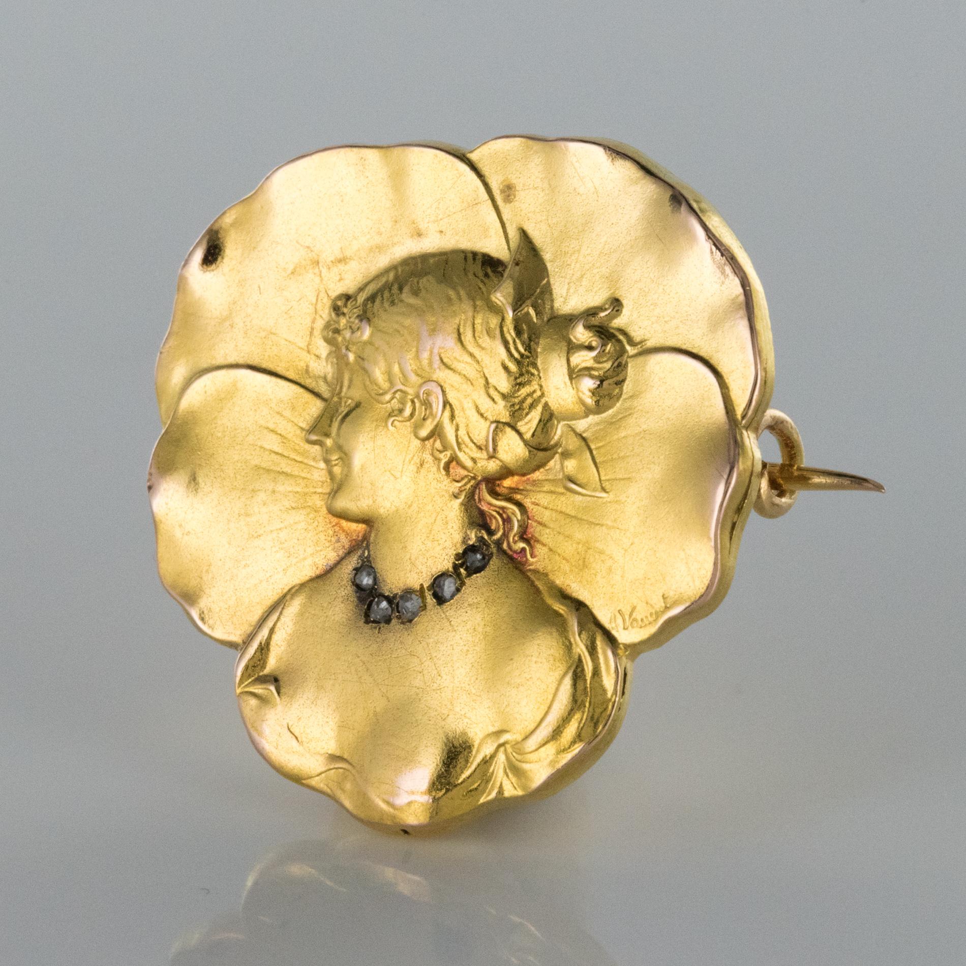 French Auguste Vaudet Art Nouveau Diamond 18 Karat Yellow Gold Brooch In Good Condition In Poitiers, FR