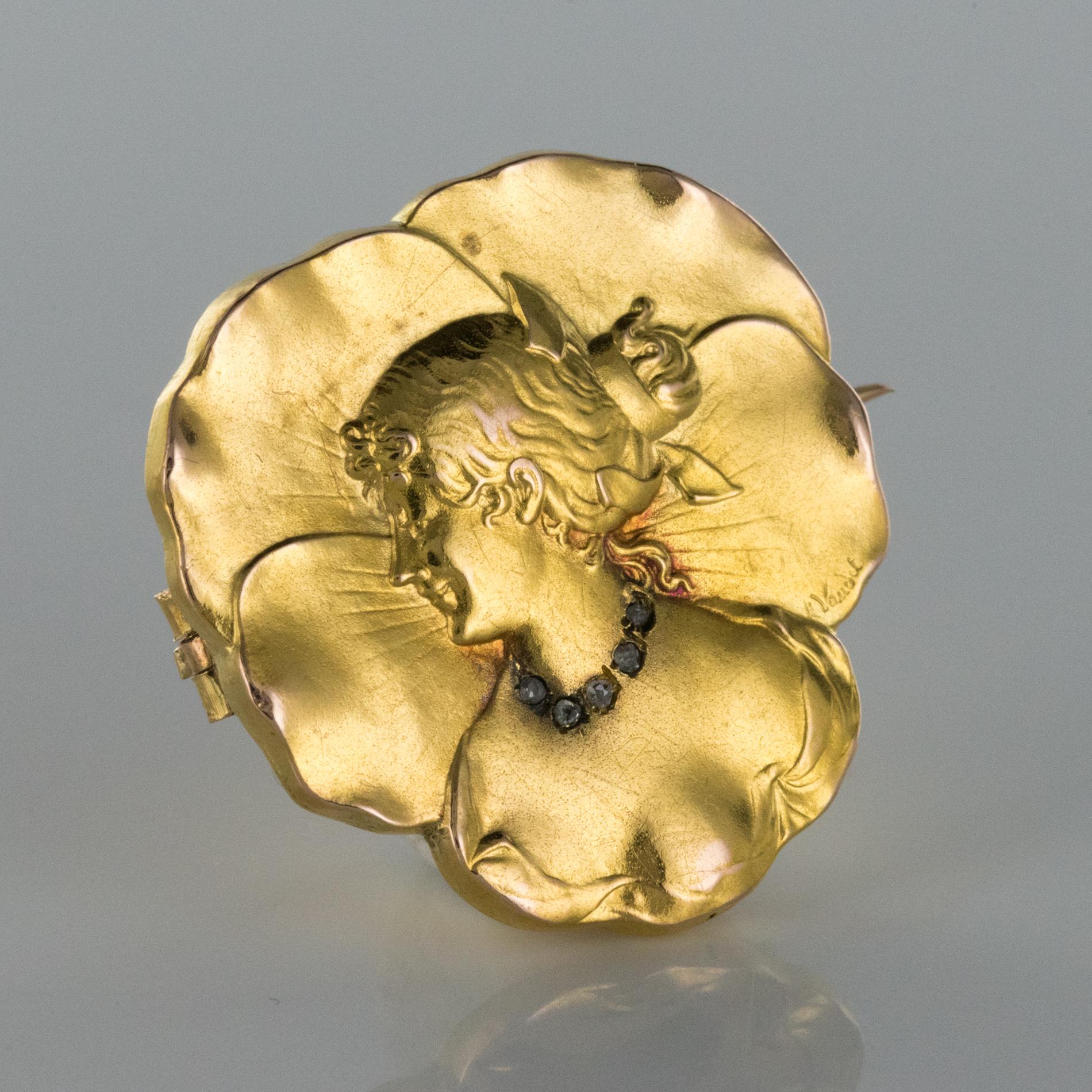 French Auguste Vaudet Art Nouveau Diamond 18 Karat Yellow Gold Brooch 2