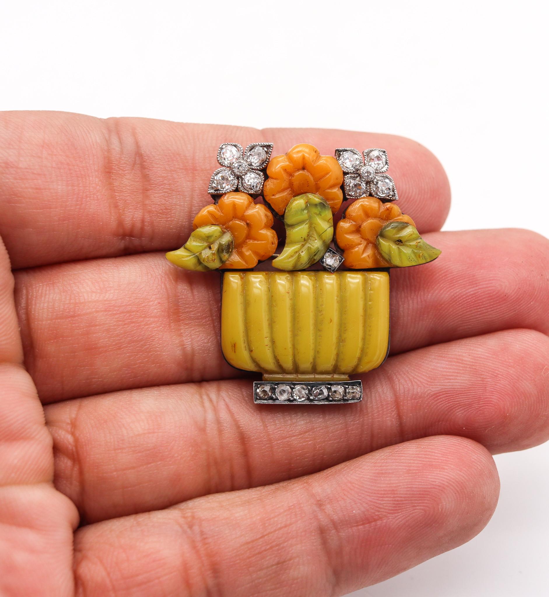 French-Austrian 1920 Art Deco Jardiniere Pendant Brooch Carved Agates & Diamonds For Sale 1