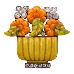 French-Austrian 1920 Art Deco Jardiniere Pendant Brooch Carved Agates & Diamonds