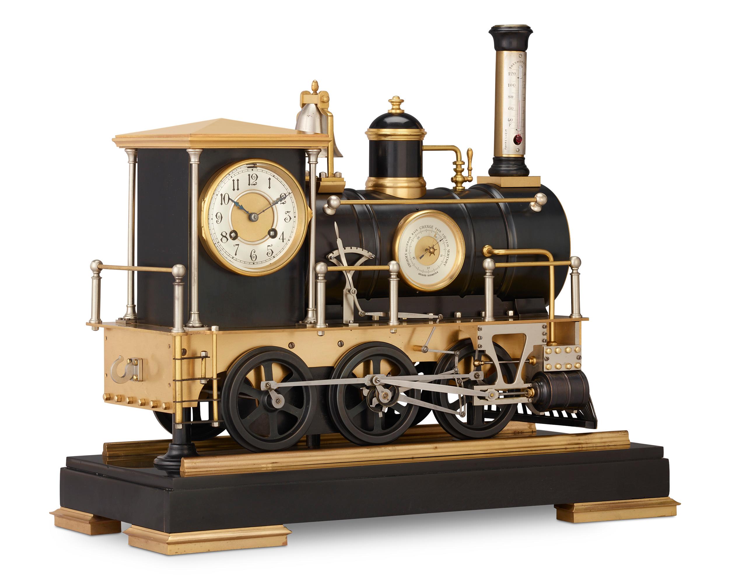 An exceptionally rare timepiece from a bygone age of industry, this automaton clock takes the form of a locomotive. The eight-day movement strikes on a gong and tells the time on a white porcelain chapter ring dial. An aneroid barometer and stick