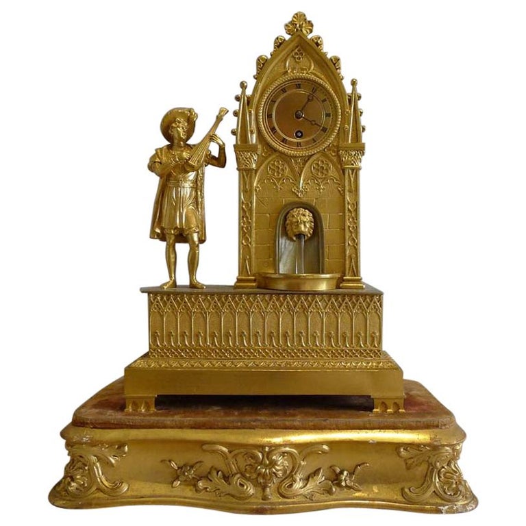 French Gothic-style ormolu automaton clock, 1830, offered by Douglas Fisher