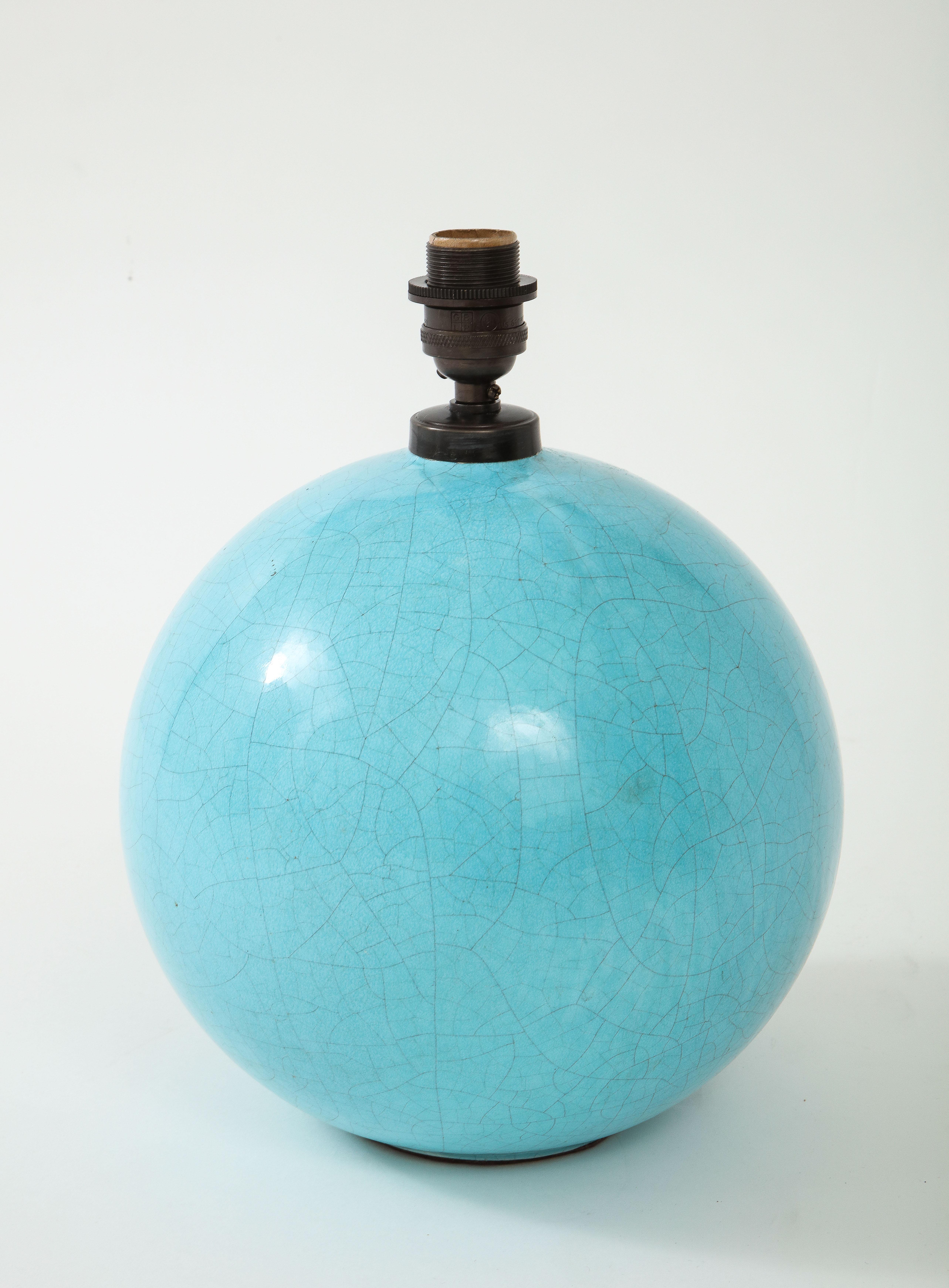 French Azure Blue Cracqueleur Glaze Lamp, Parchment Shade, France, c. 1930's 4