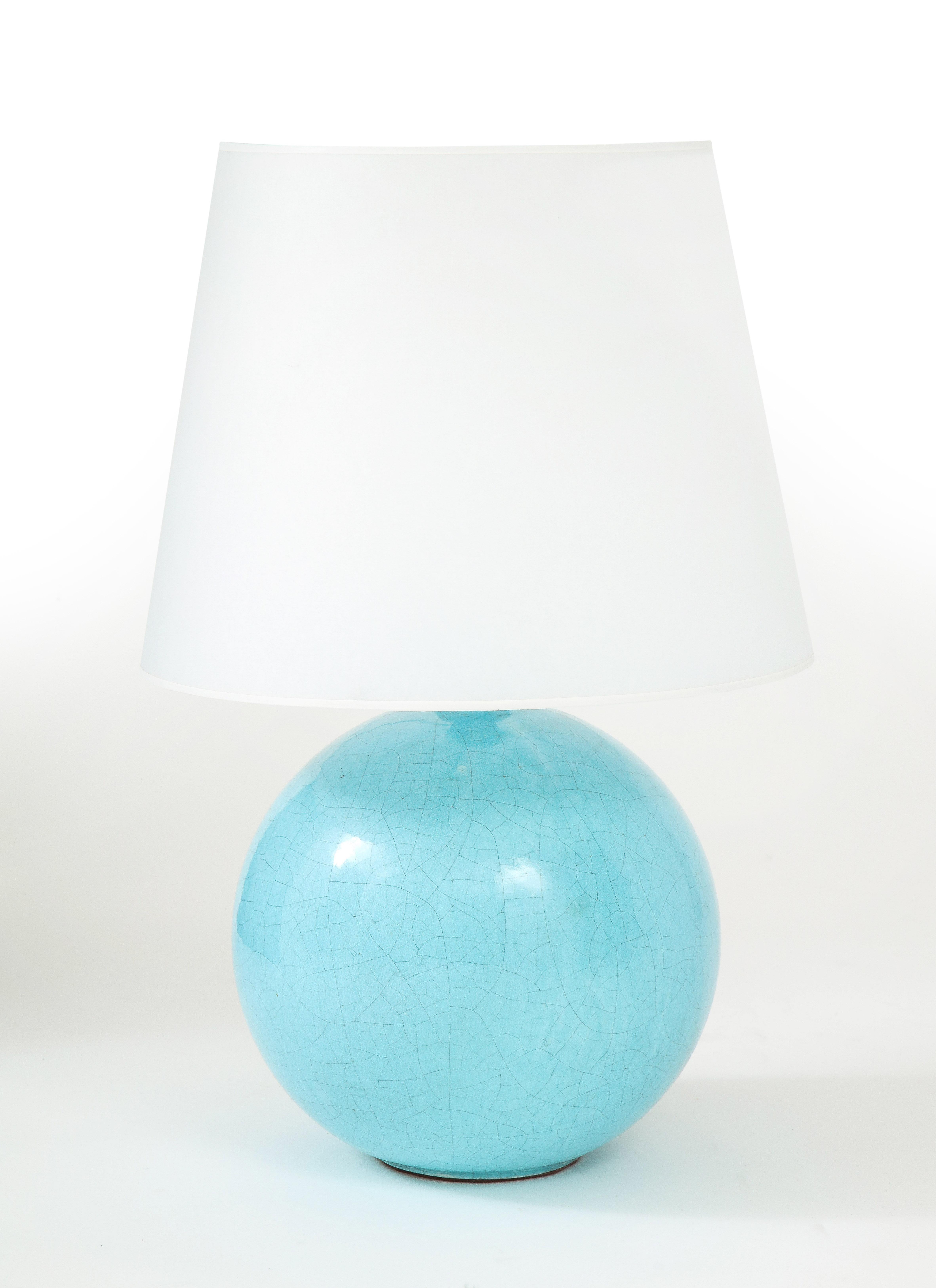 French Azure Blue Cracqueleur Glaze Lamp with Custom Made Vellum Shade, Silk twist cord/switch, France, c .1930-45
Ceramic
H: 22,  Vessel: H: 10 at Diam. 10 (at widest) in.  Bottom of Shade: 14 in.