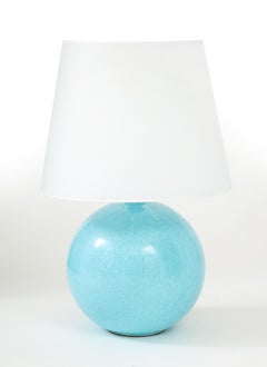 French Azure Blue Cracqueleur Glaze Lamp, Parchment Shade, France, c. 1930's