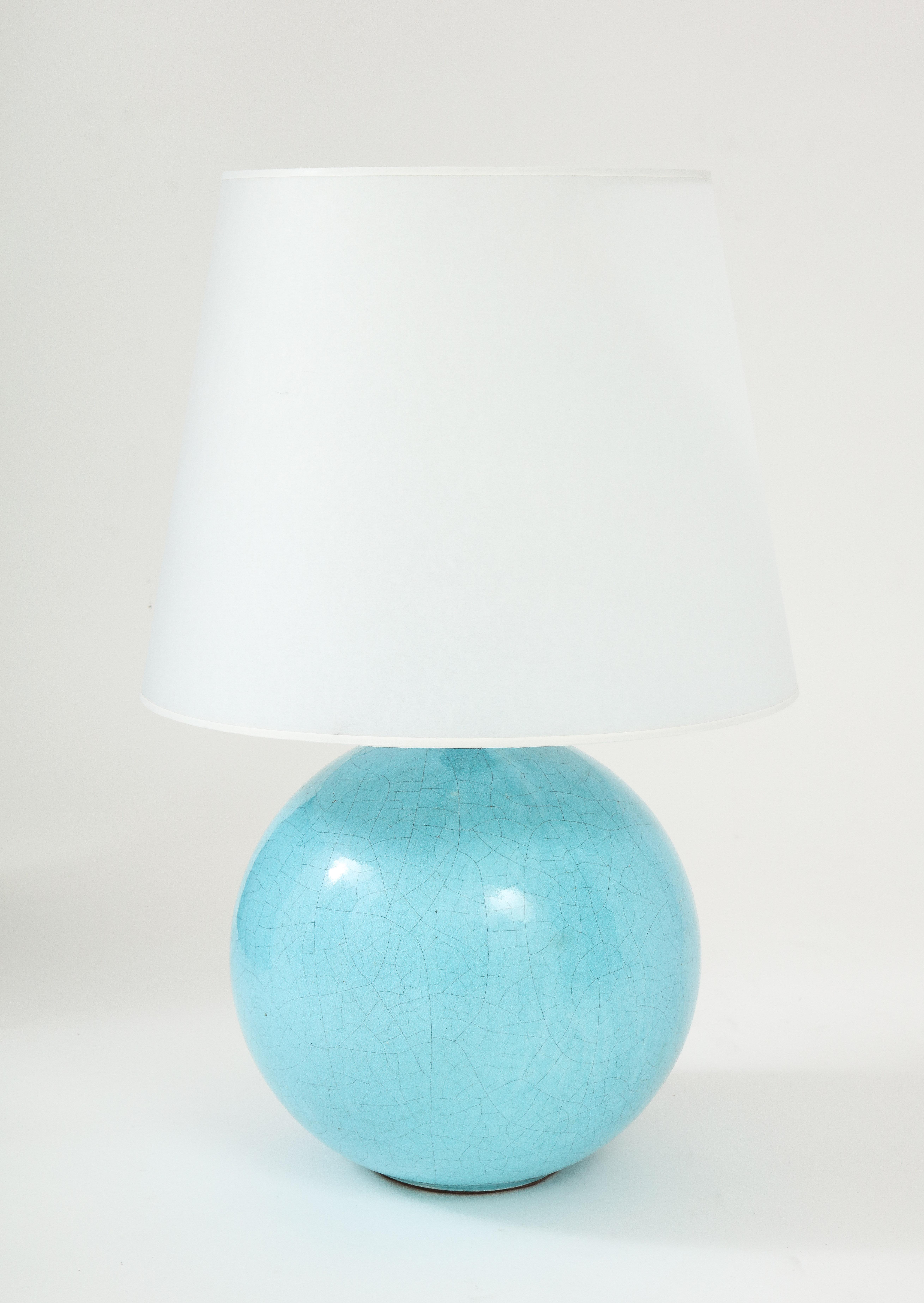 French Azure Blue Cracqueleur Glaze Lamp, Parchment Shade, France, c. 1930's In Good Condition In Brooklyn, NY