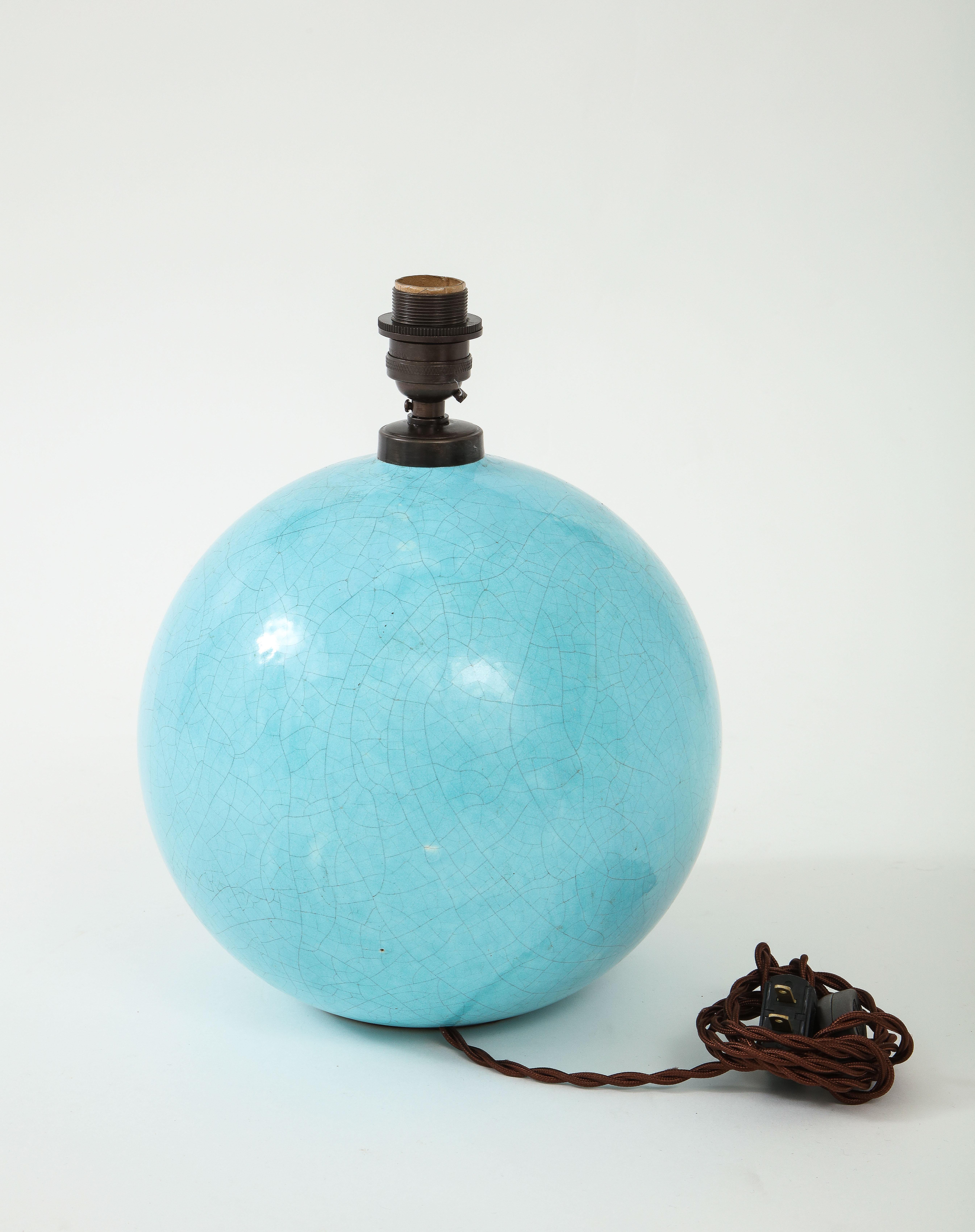 French Azure Blue Cracqueleur Glaze Lamp, Parchment Shade, France, c. 1930's 2