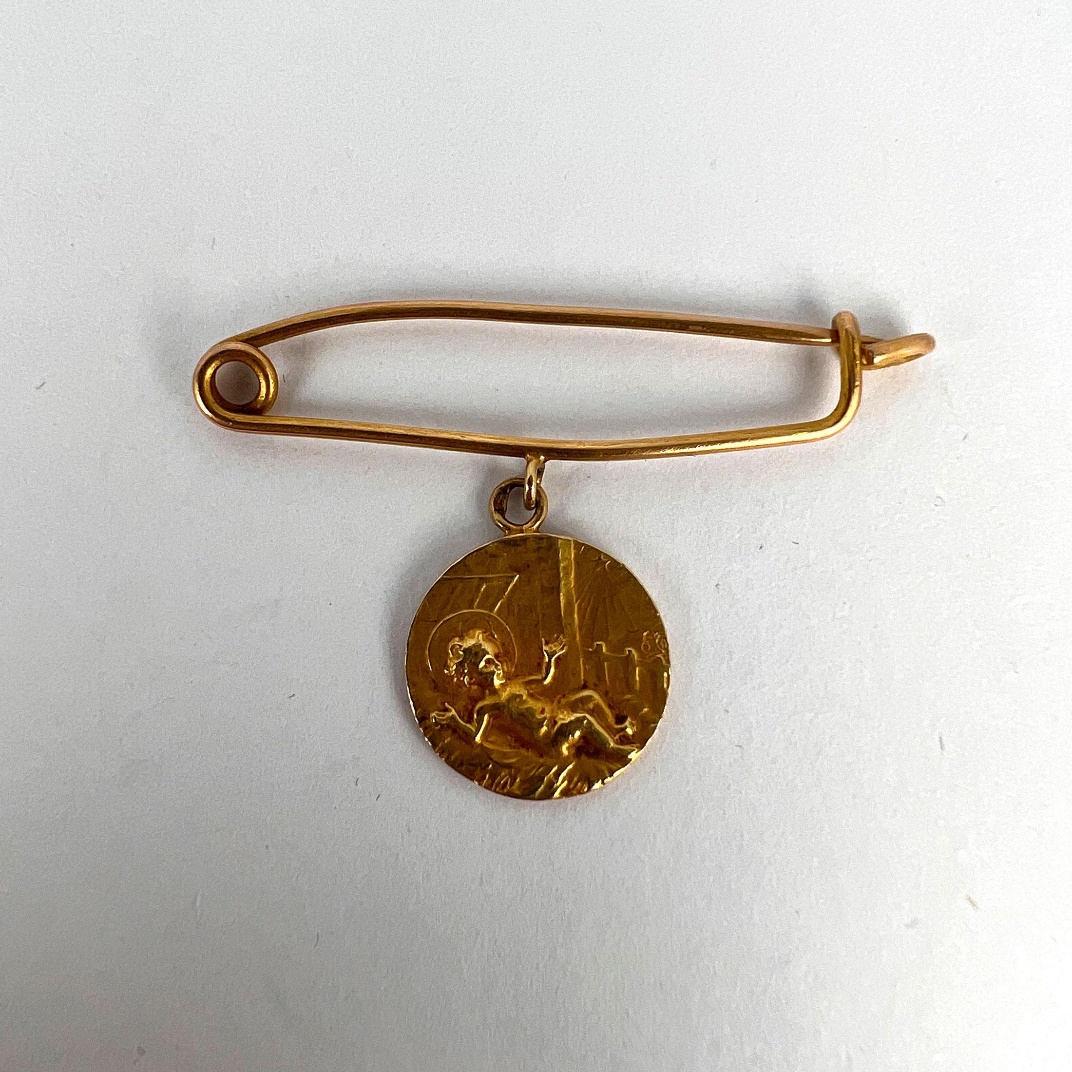 French Baby Medal Safety Pin 18K Yellow Gold Charm Pendant Brooch For Sale 7
