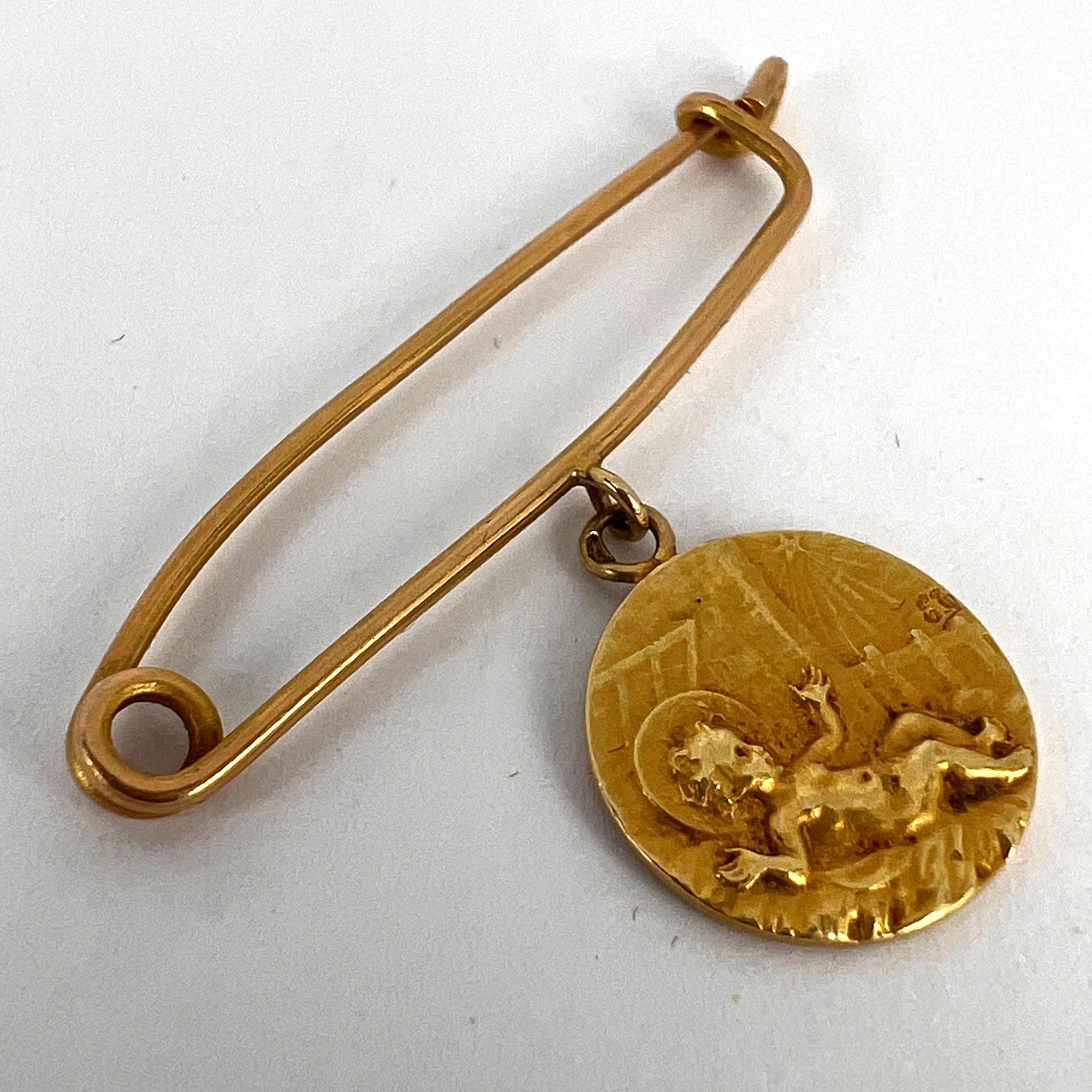 French Baby Medal Safety Pin 18K Yellow Gold Charm Pendant Brooch For Sale 9