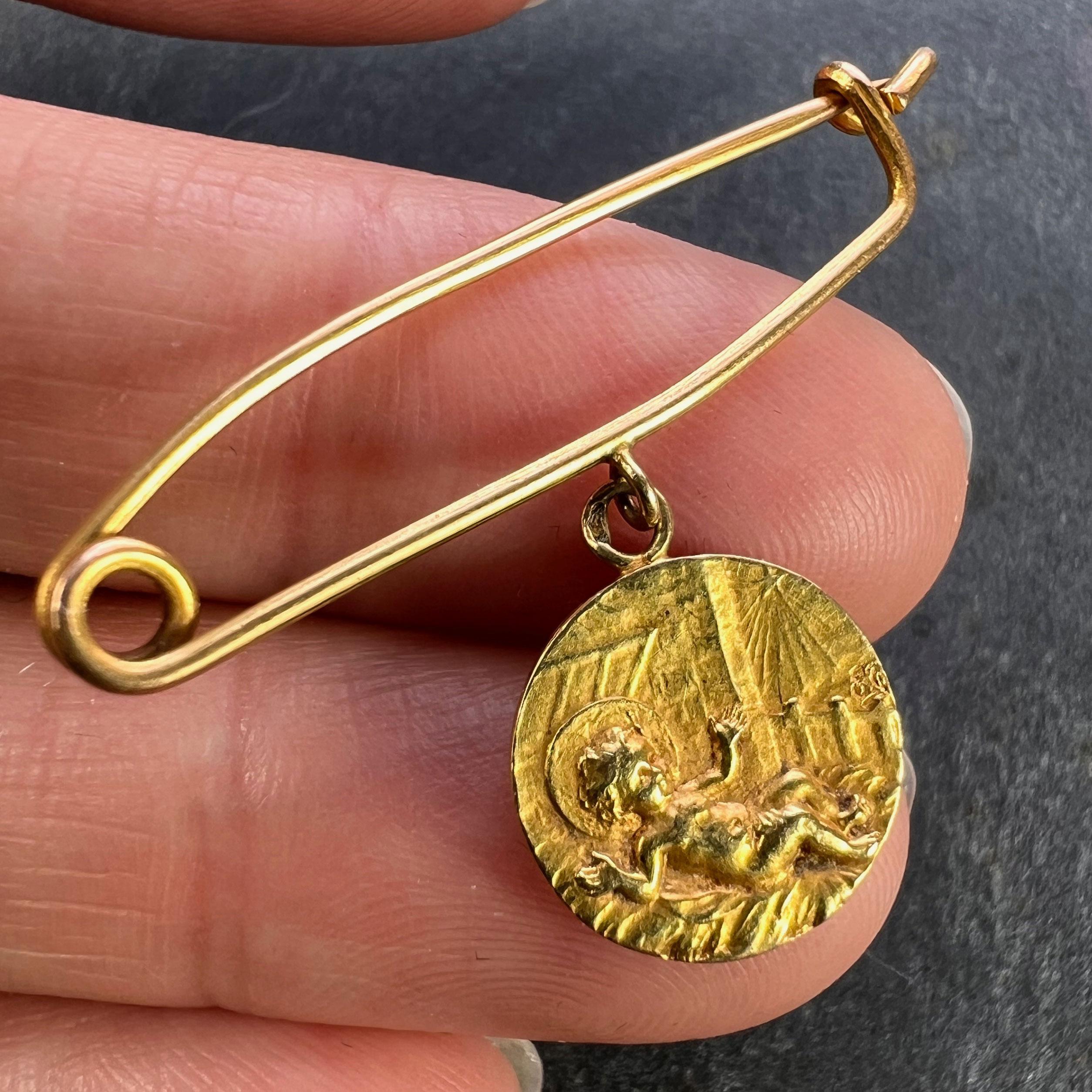 French Baby Medal Safety Pin 18K Yellow Gold Charm Pendant Brooch For Sale 2