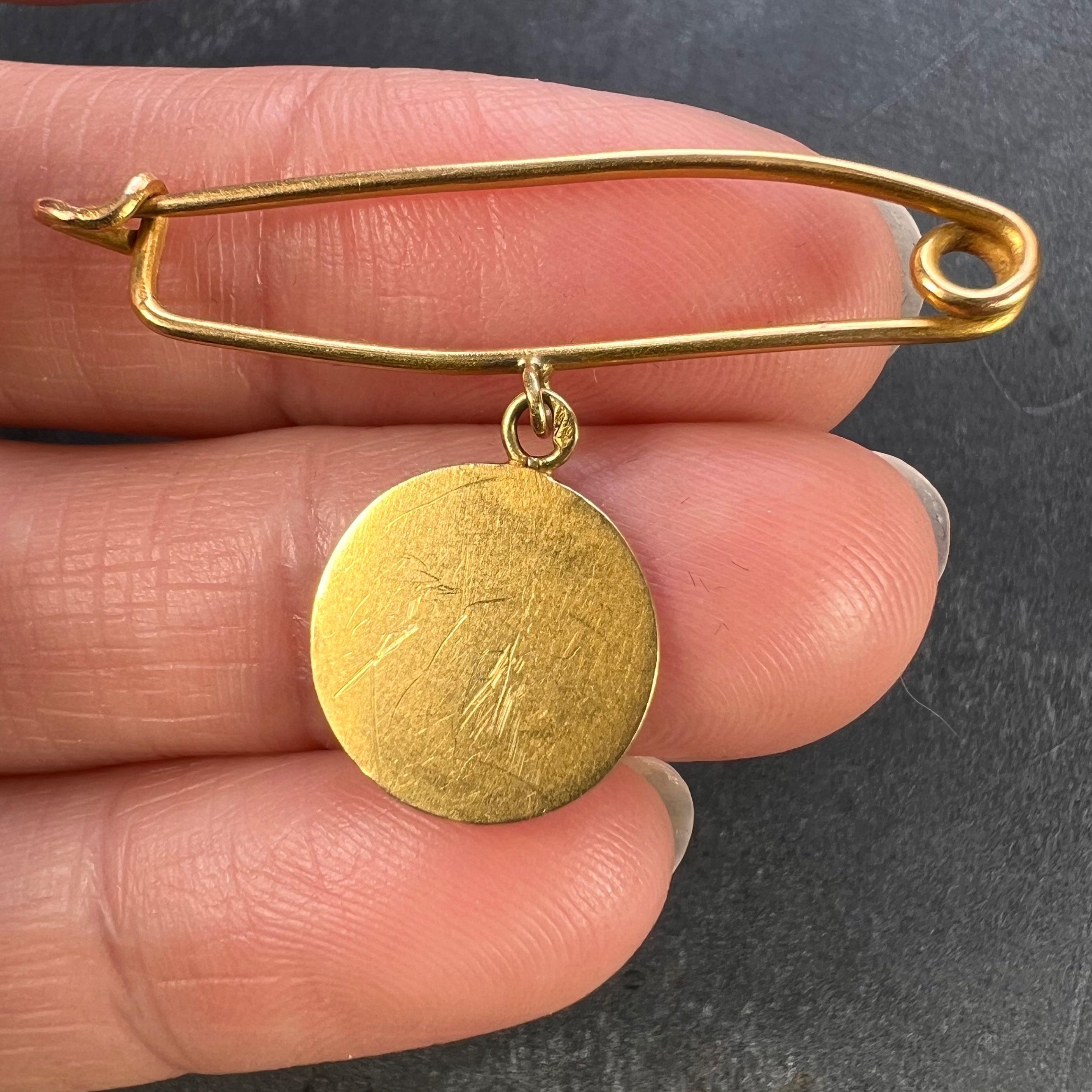 French Baby Medal Safety Pin 18K Yellow Gold Charm Pendant Brooch For Sale 5