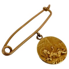 Vintage French Baby Medal Safety Pin 18K Yellow Gold Charm Pendant Brooch