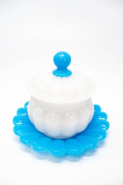French Baccarat Bicolor Opaline Glass Covered Sugar Bowl with Underplate