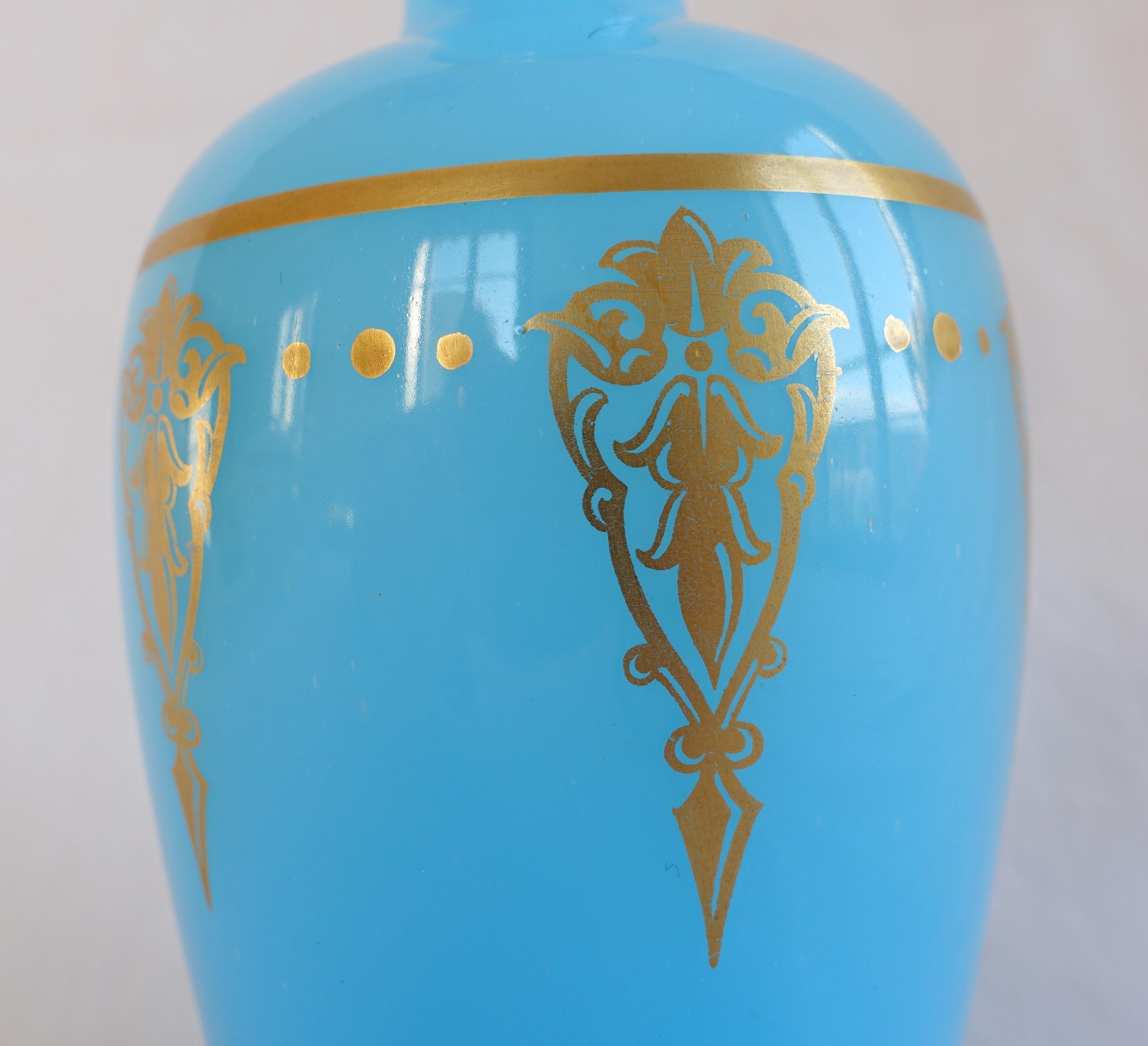 Gilt French Baccarat blue Opaline Crystal Vase, Empire style, Signed