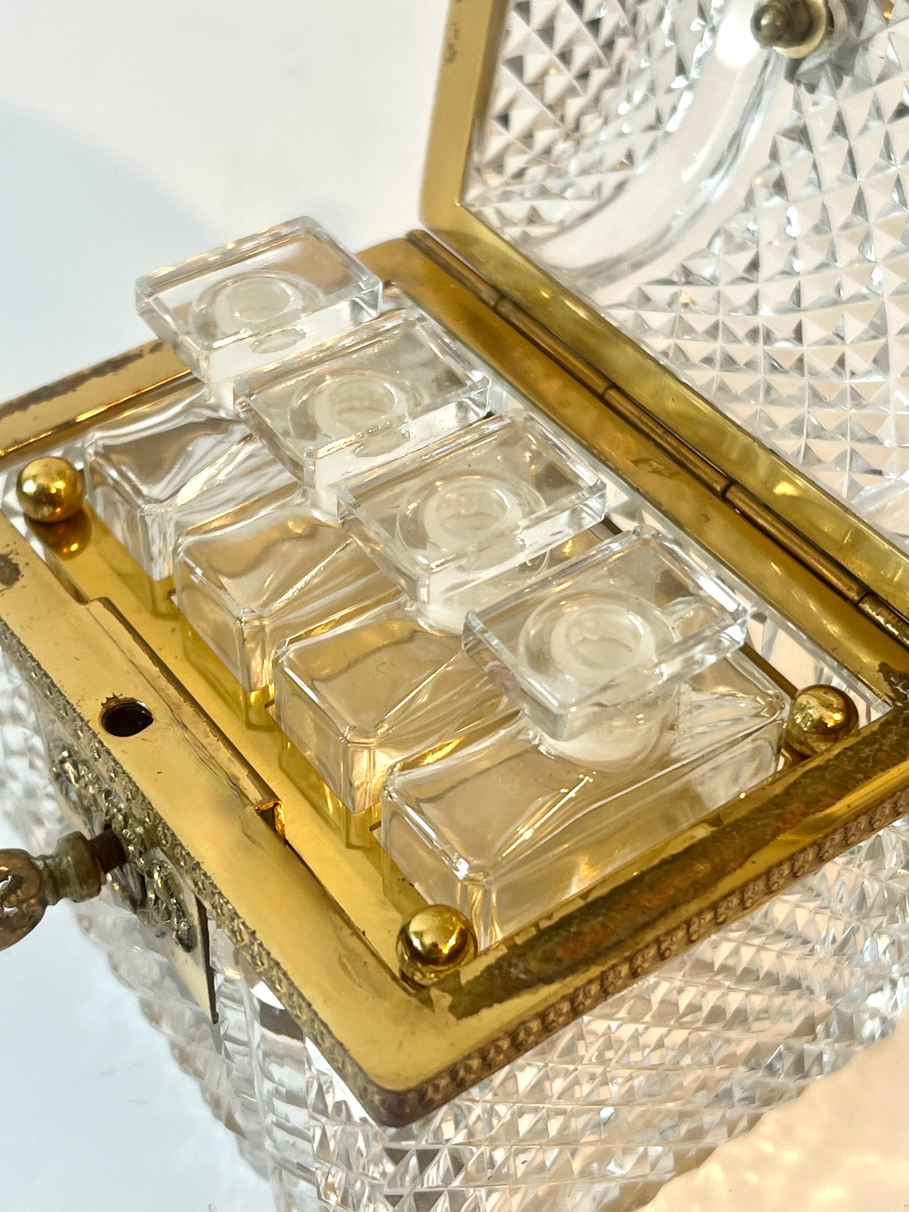 French Baccarat Diamond Cut Crystal Hinged Domed Box with Four Perfumes and Key 3