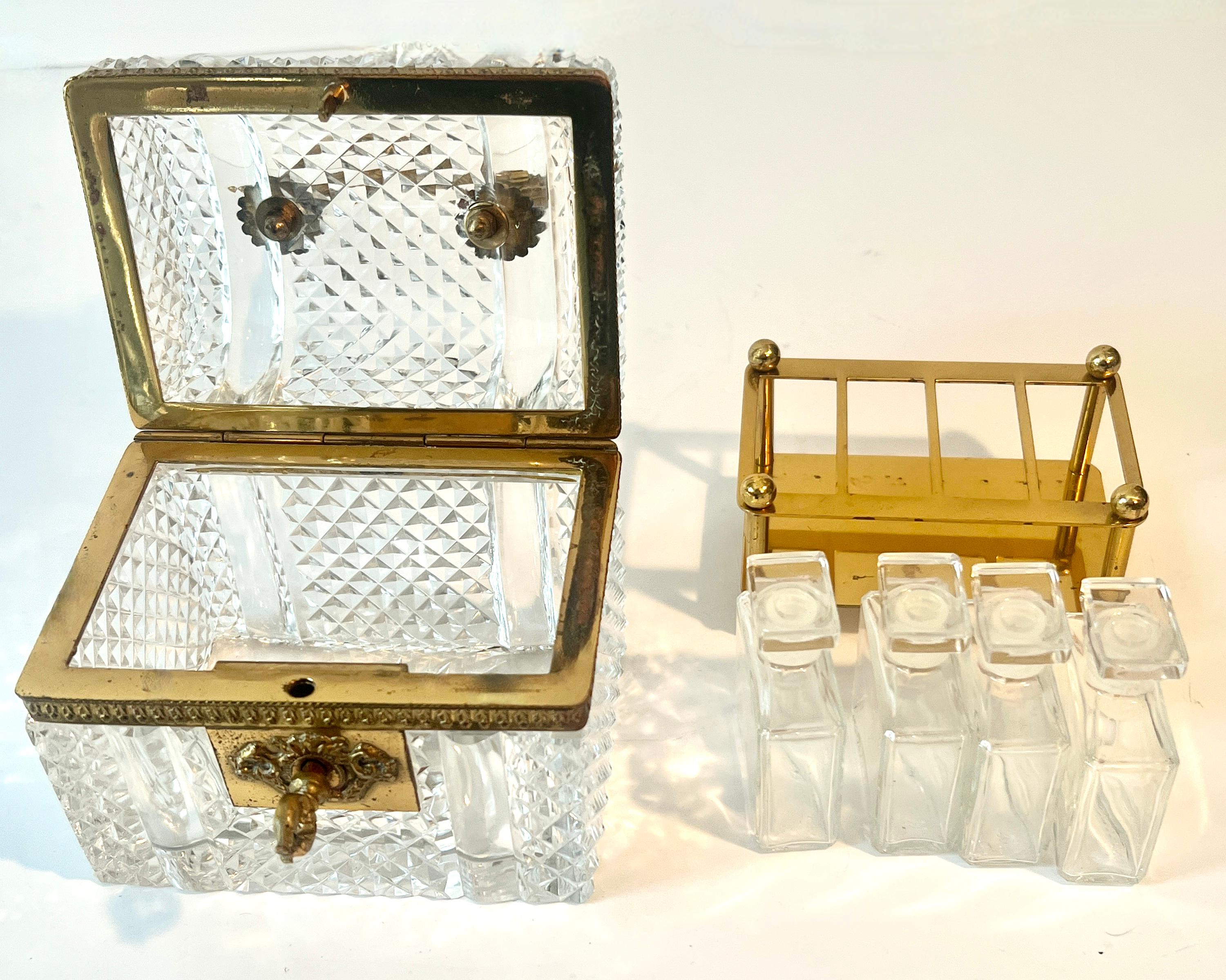 French Baccarat Diamond Cut Crystal Hinged Domed Box with Four Perfumes and Key 4
