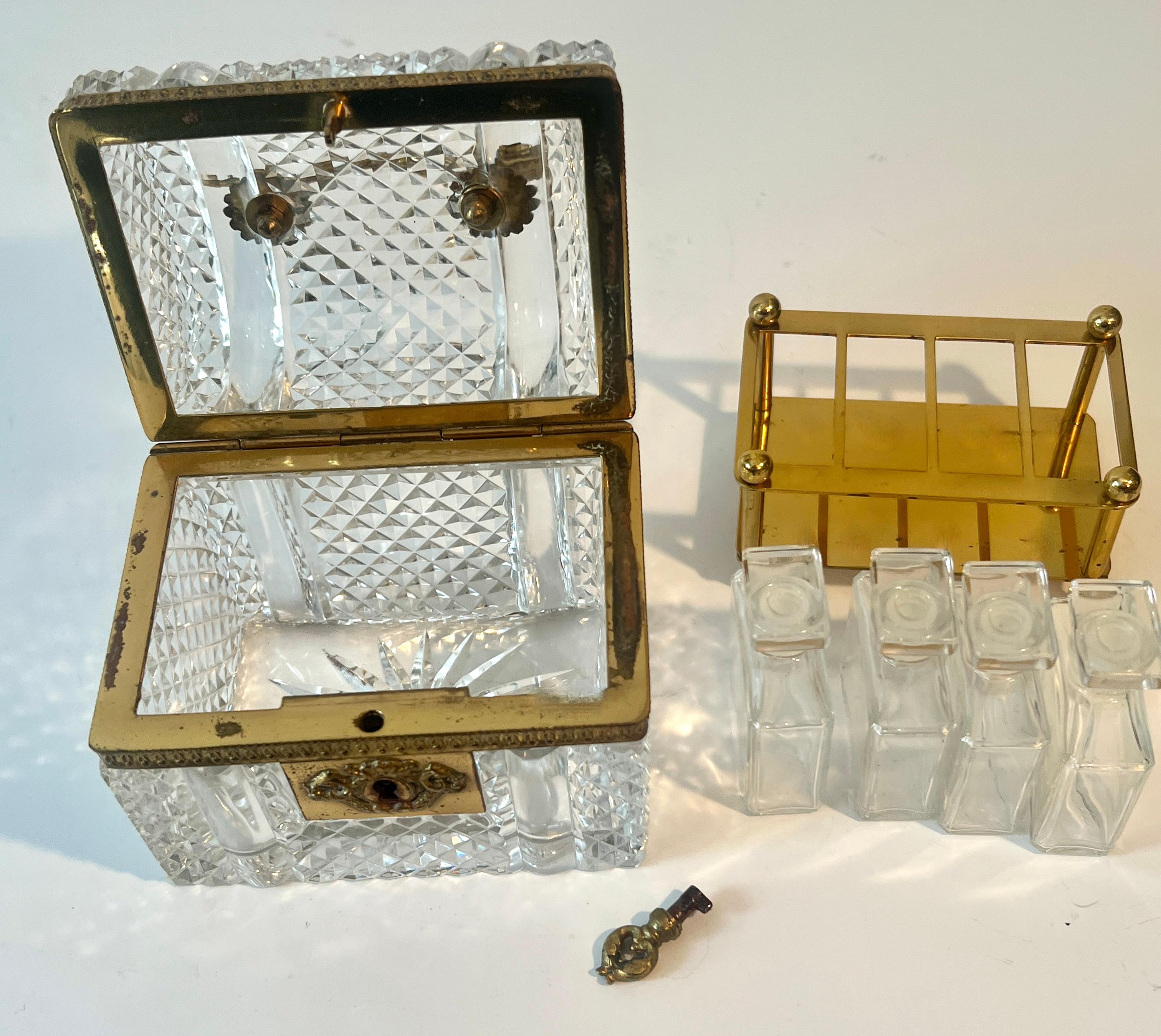 French Baccarat Diamond Cut Crystal Hinged Domed Box with Four Perfumes and Key 5