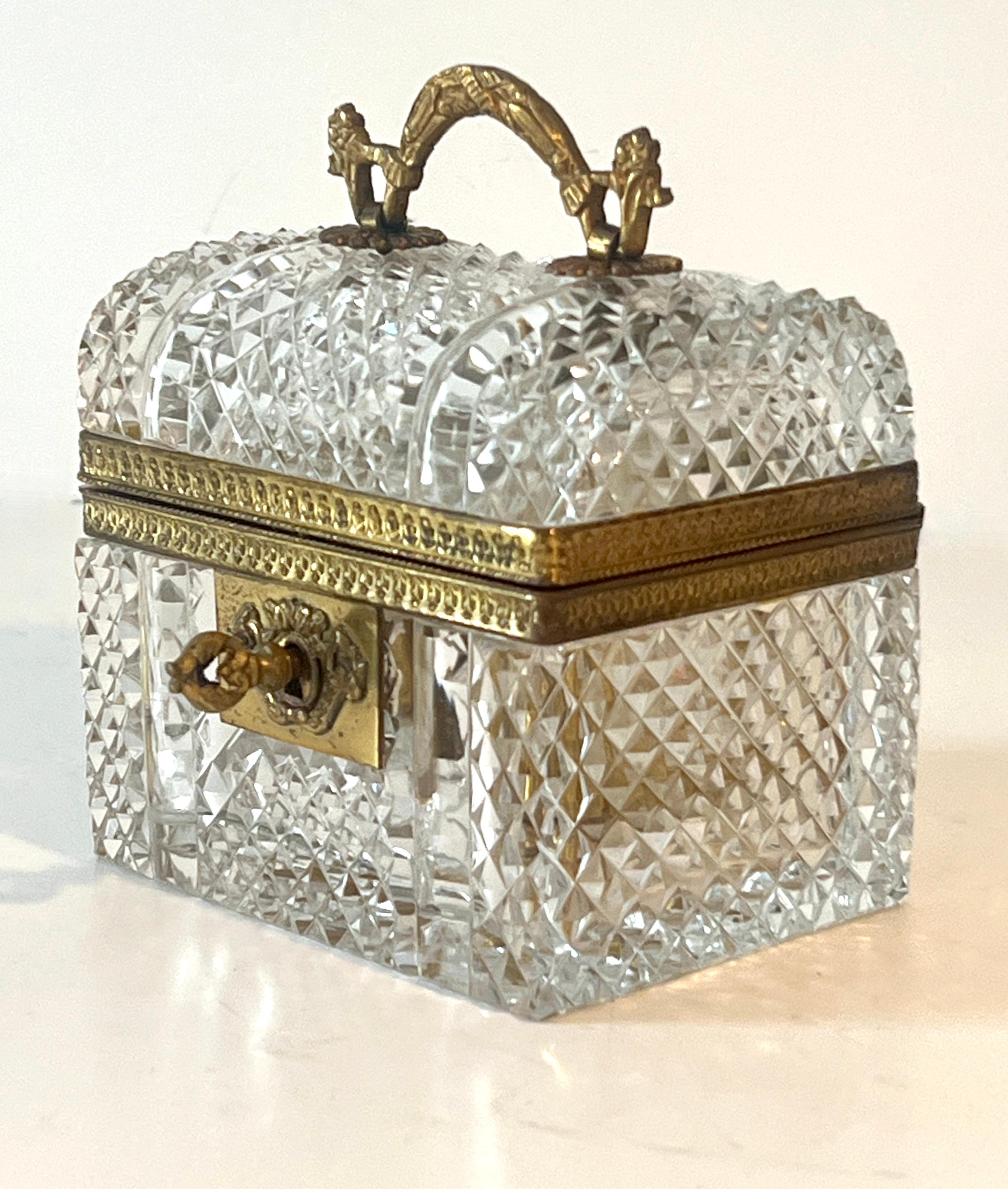 French Baccarat Diamond Cut Crystal Hinged Domed Box with Four Perfumes and Key 9