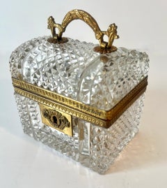 French Baccarat Diamond Cut Crystal Hinged Domed Box with Four Perfumes and Key
