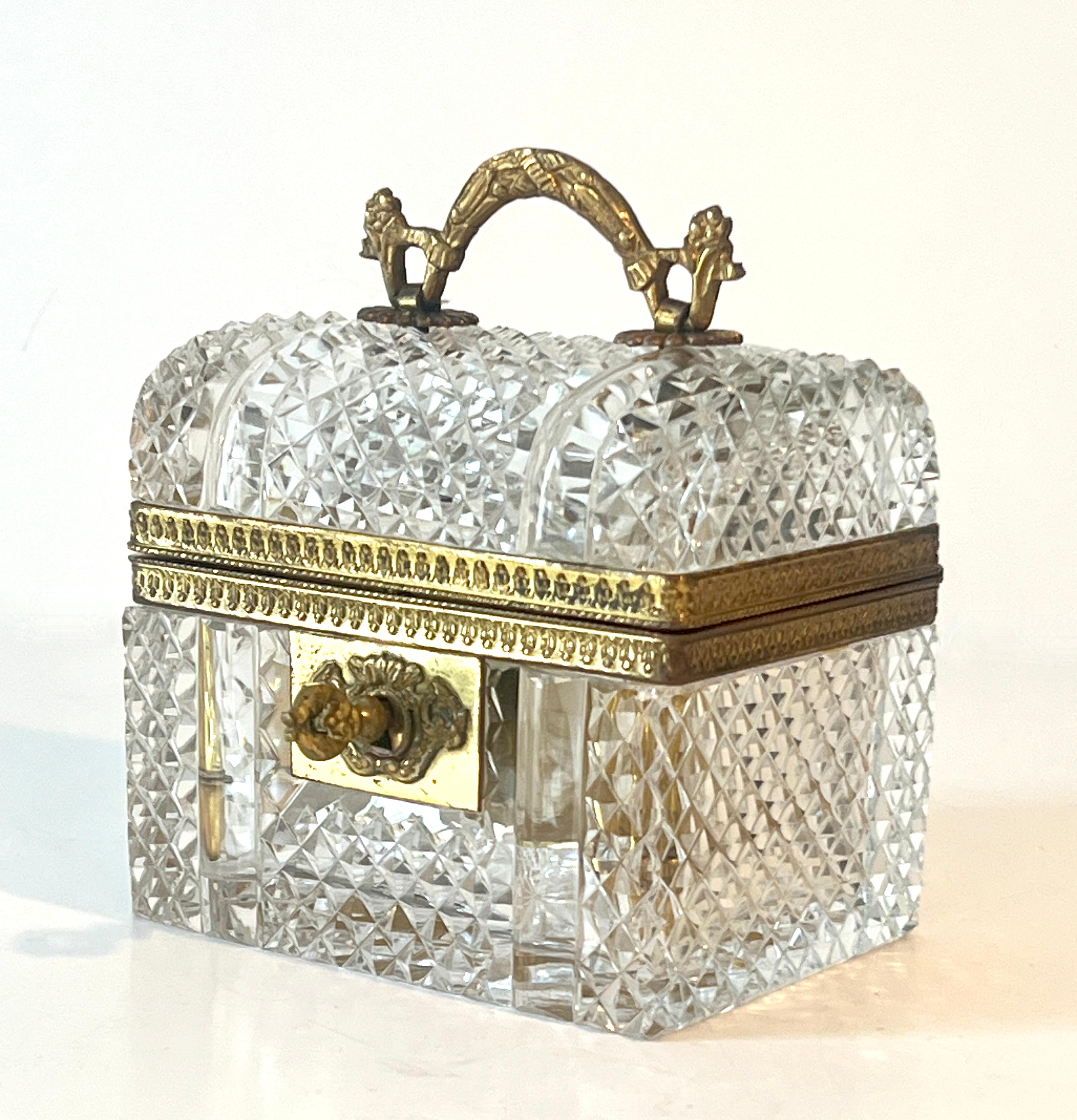 Bronzed French Baccarat Diamond Cut Crystal Hinged Domed Box with Four Perfumes and Key