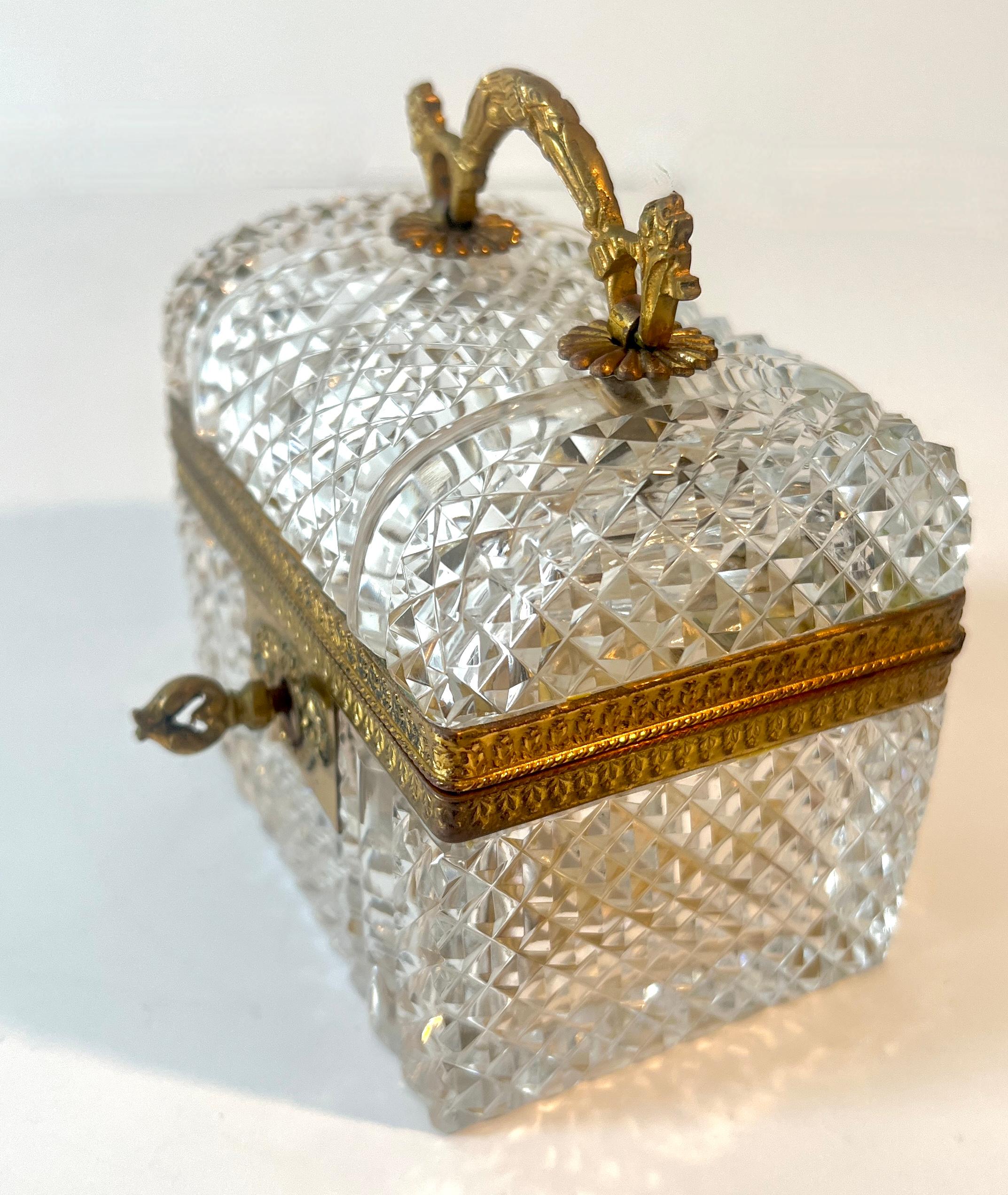 19th Century French Baccarat Diamond Cut Crystal Hinged Domed Box with Four Perfumes and Key