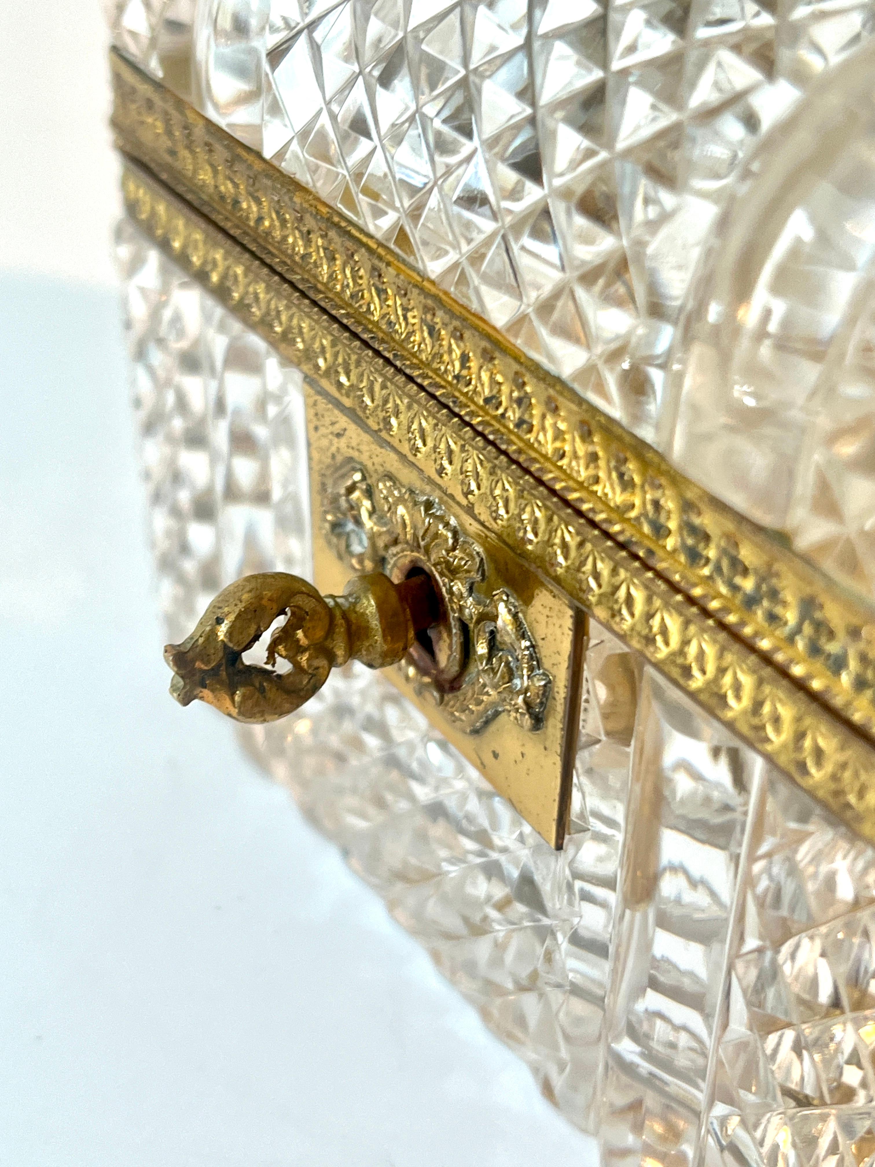 Gold French Baccarat Diamond Cut Crystal Hinged Domed Box with Four Perfumes and Key