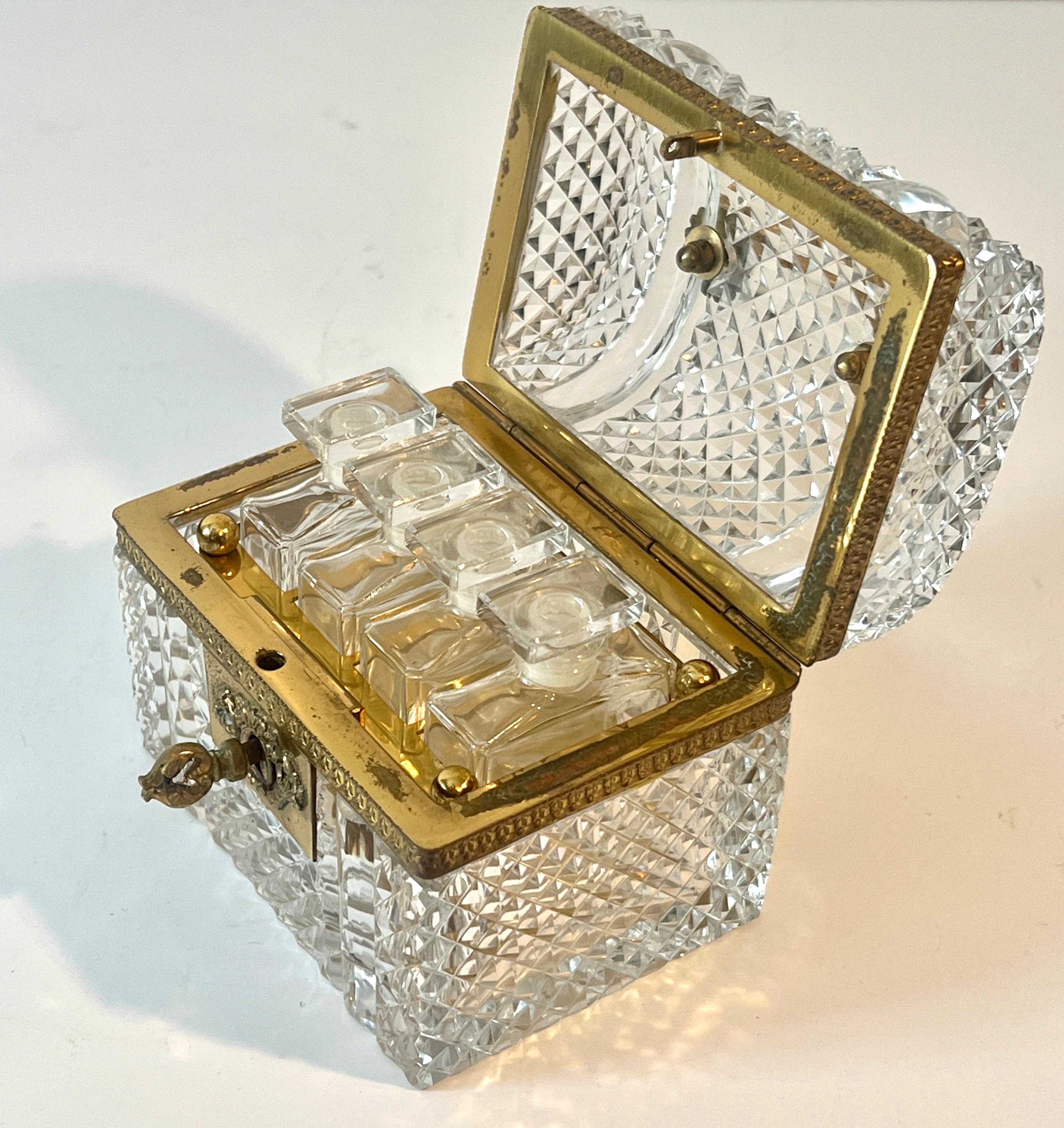 French Baccarat Diamond Cut Crystal Hinged Domed Box with Four Perfumes and Key 2
