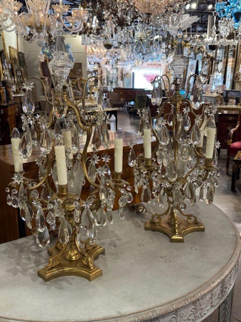 Pair of 19th century French Baccarat gilt bronze and crystal girandoles. French Baccarat gilt bronze and crystal girandoles are dazzling masterpieces of 19th-century design, blending sculptural bronze with the unmatched clarity of Baccarat crystal.