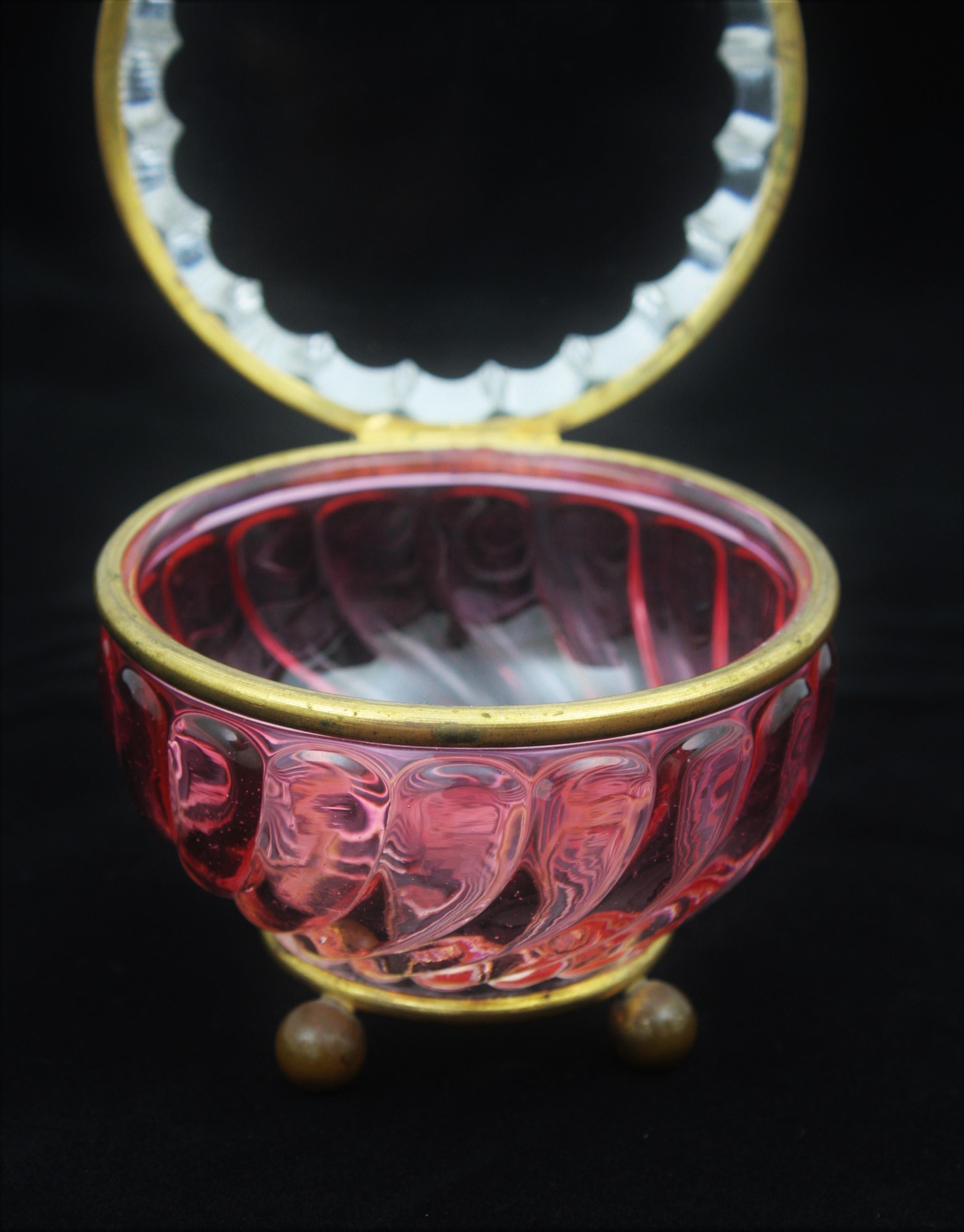 French Baccarat Pink Amberina Swirl Bamboo Crystal and Brass Jewelry Box 4