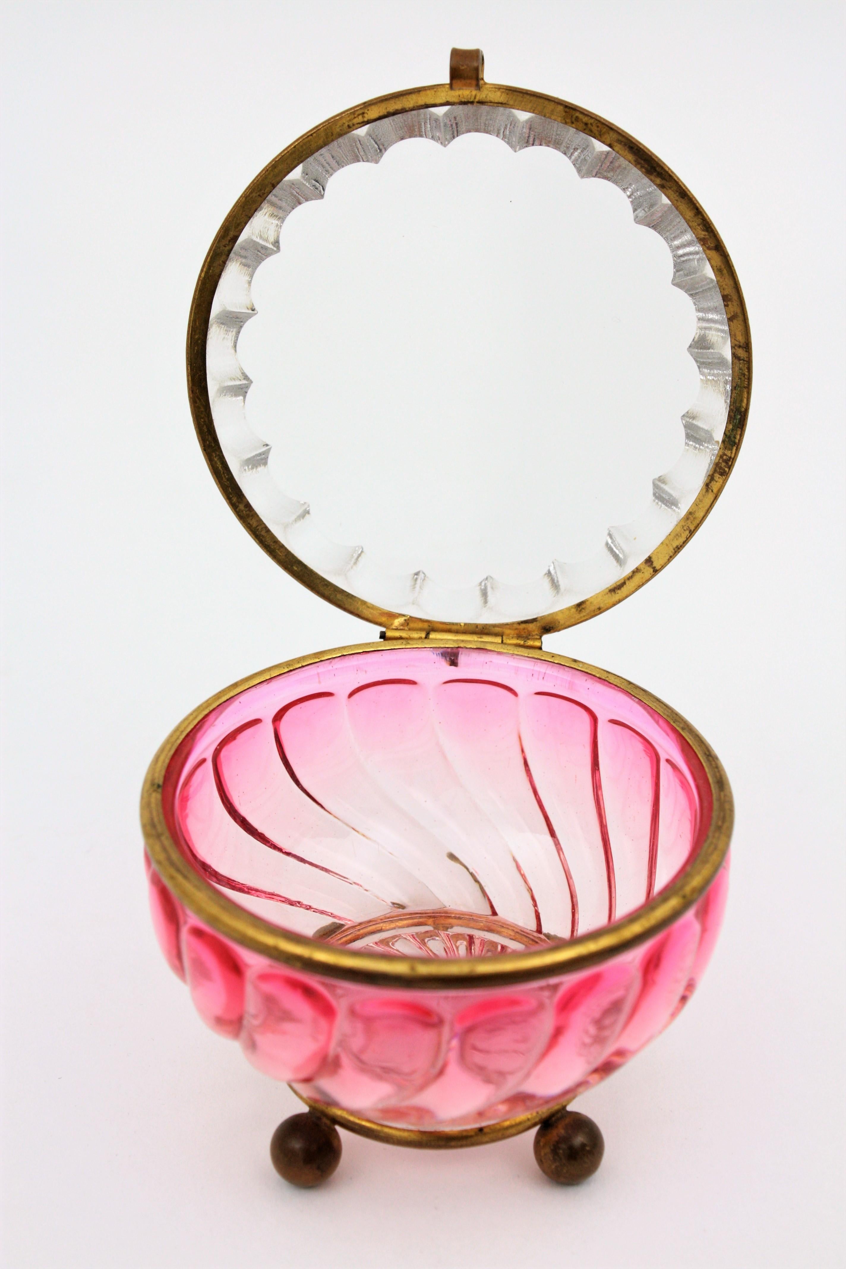 French Baccarat Pink Amberina Swirl Bamboo Crystal and Brass Jewelry Box 5