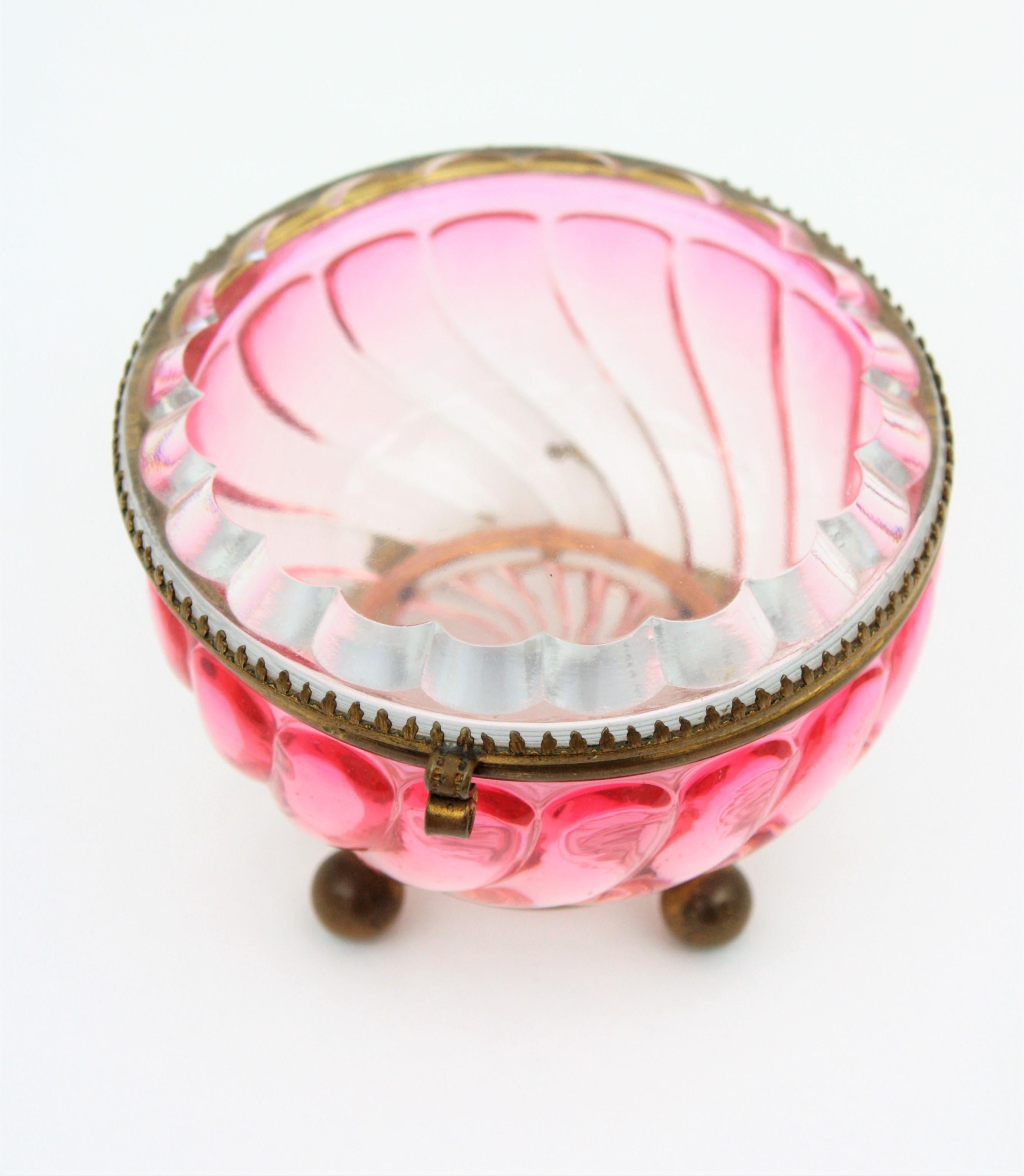 French Baccarat Pink Amberina Swirl Bamboo Crystal and Brass Jewelry Box 6
