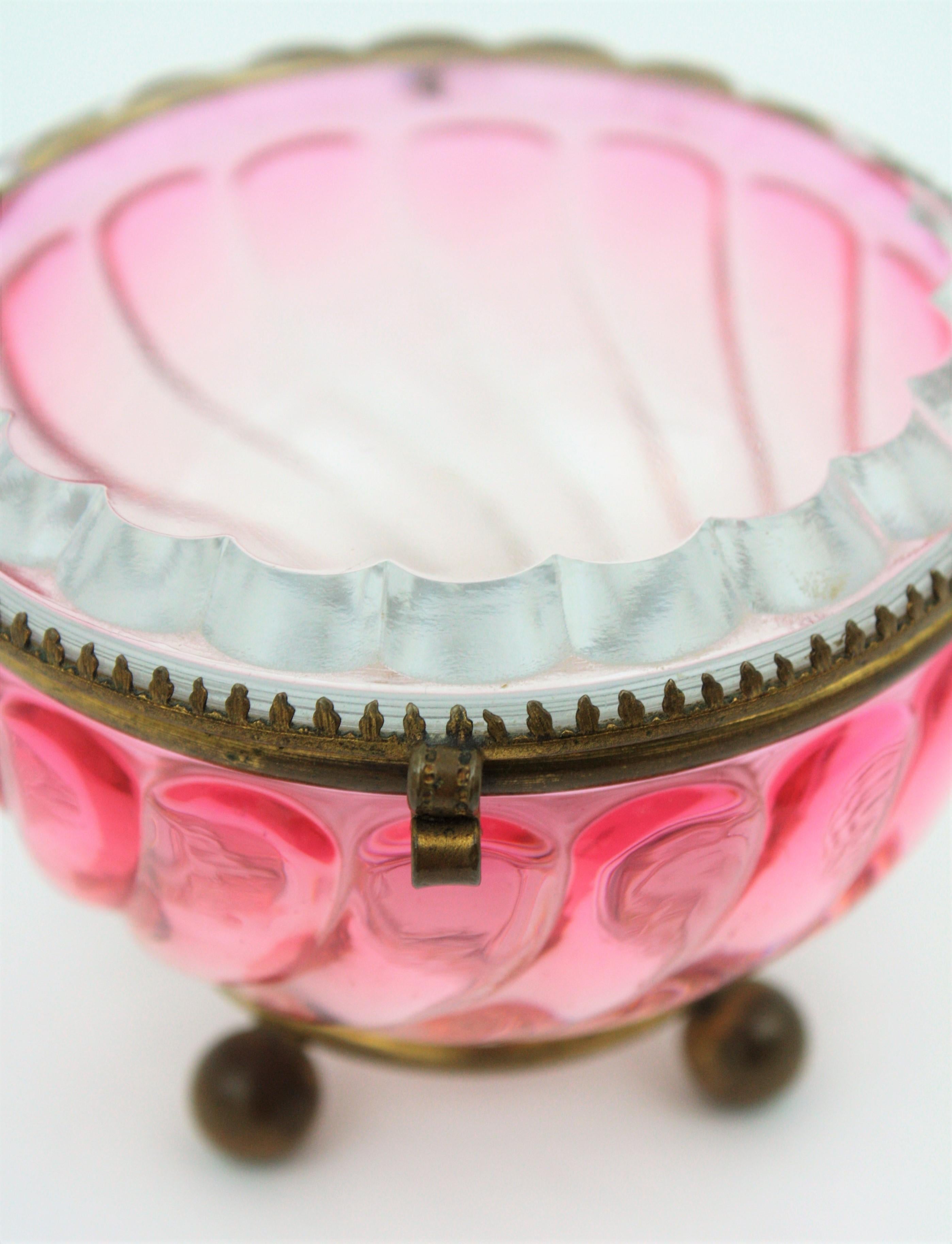 French Baccarat Pink Amberina Swirl Bamboo Crystal and Brass Jewelry Box 7