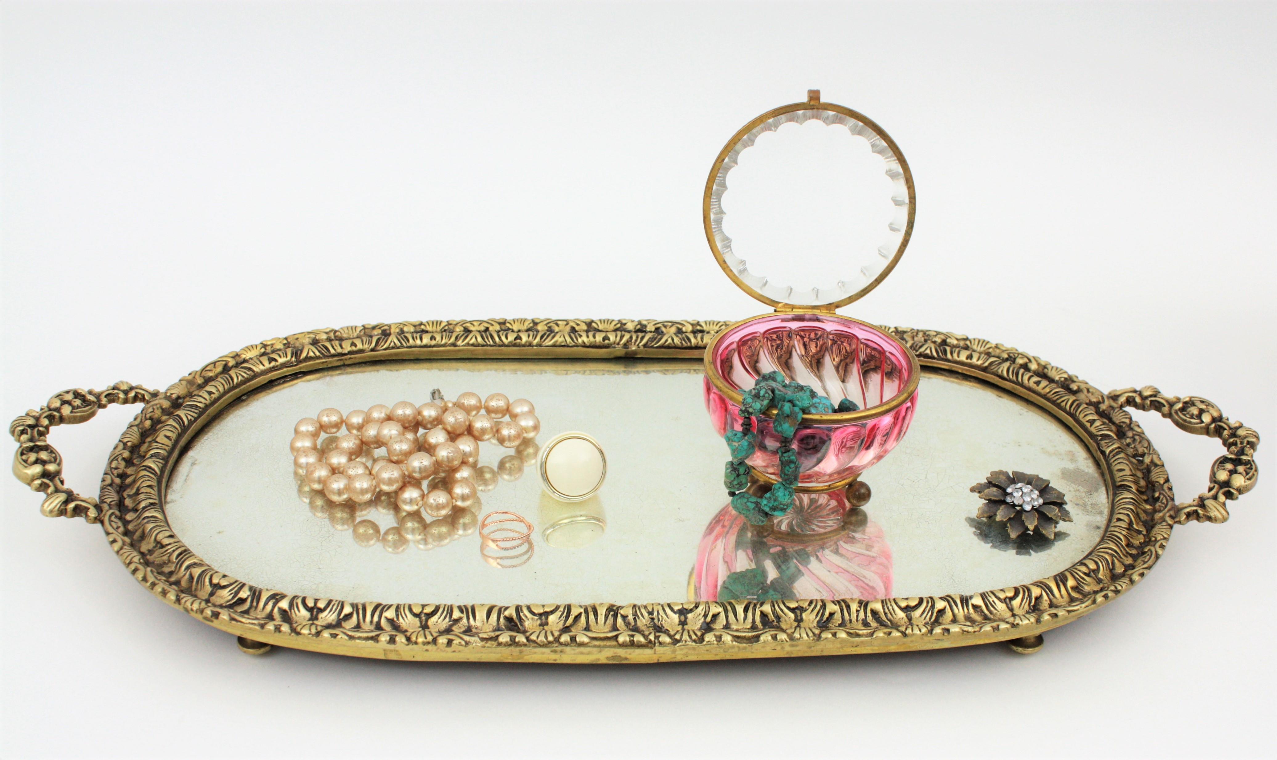 French Baccarat Pink Amberina Swirl Bamboo Crystal and Brass Jewelry Box 8