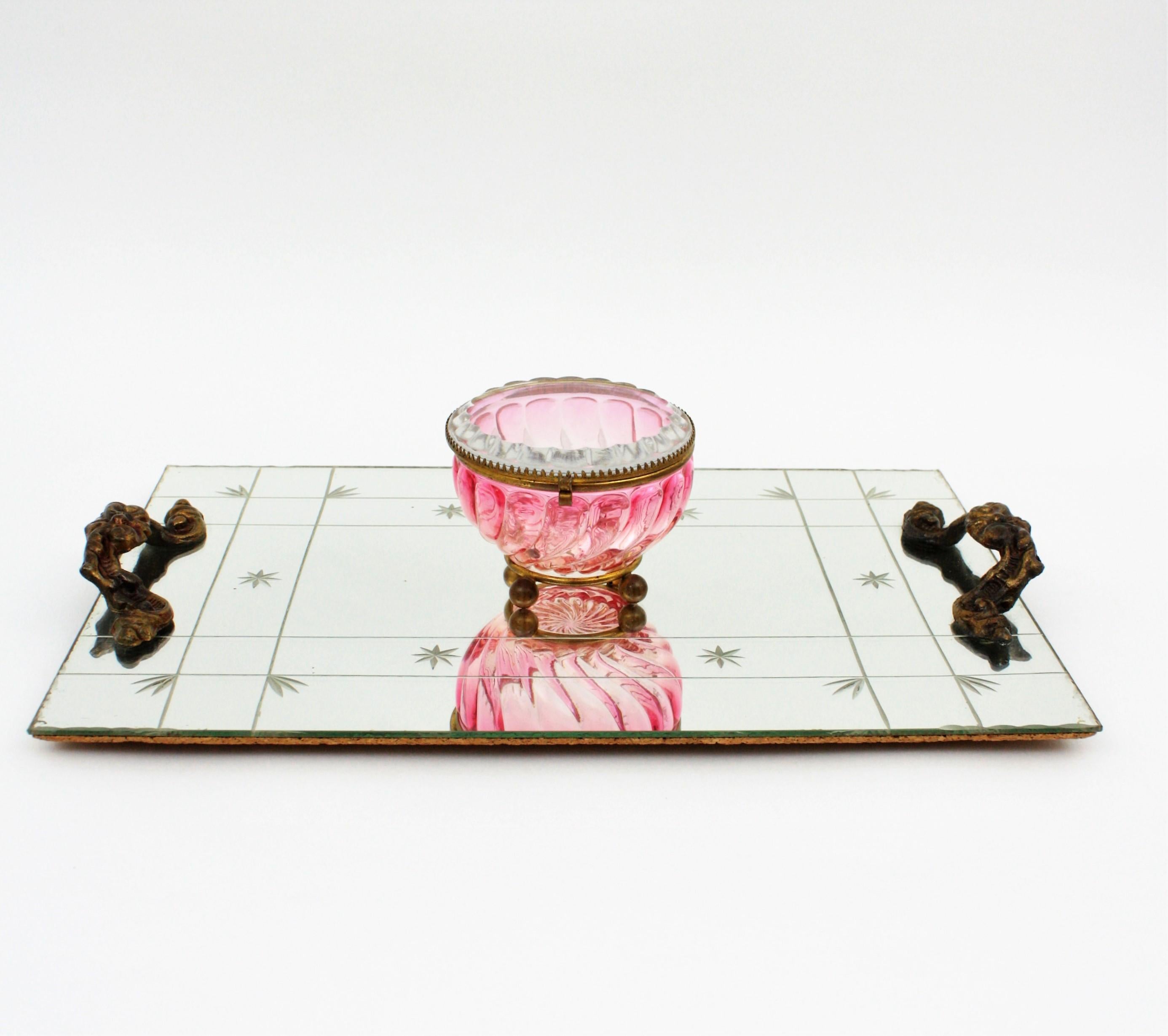 French Baccarat Pink Amberina Swirl Bamboo Crystal and Brass Jewelry Box 9