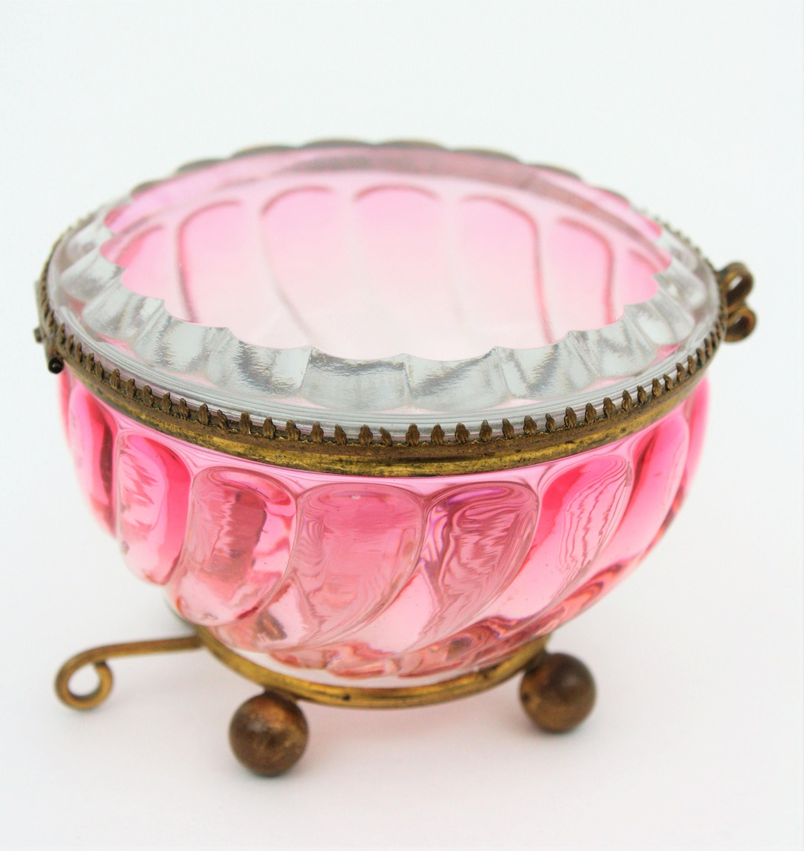 French Baccarat Pink Amberina Swirl Bamboo Crystal and Brass Jewelry Box 10
