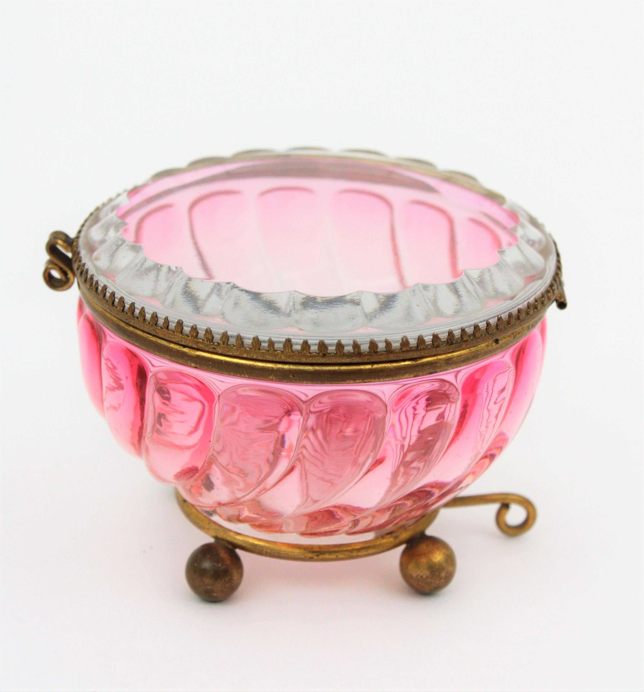 French Baccarat Pink Amberina Swirl Bamboo Crystal and Brass Jewelry Box 11