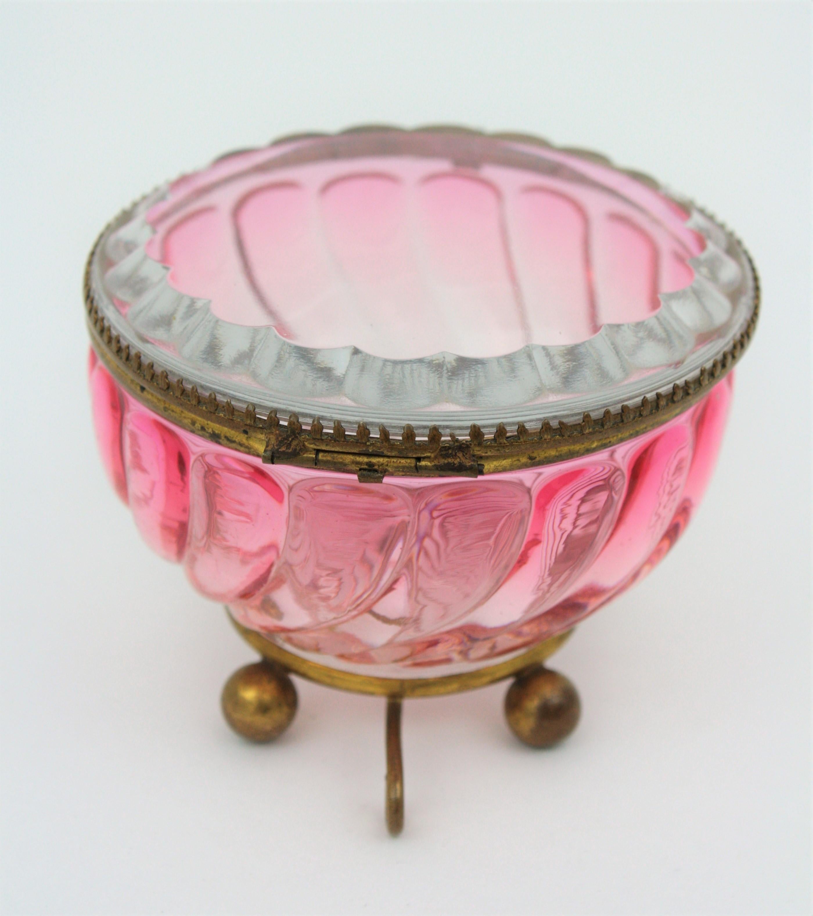 French Baccarat Pink Amberina Swirl Bamboo Crystal and Brass Jewelry Box 12