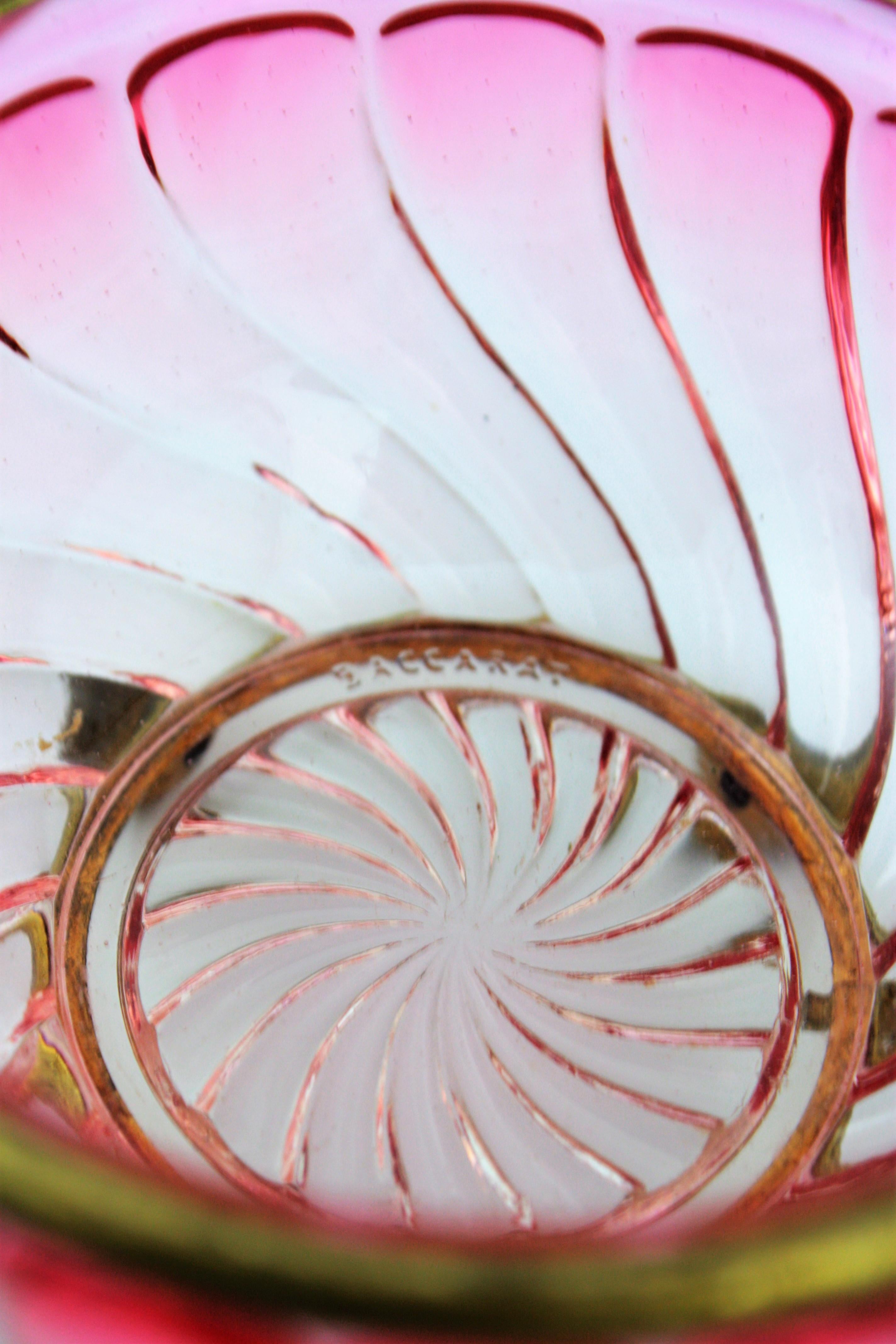 French Baccarat Pink Amberina Swirl Bamboo Crystal and Brass Jewelry Box 14