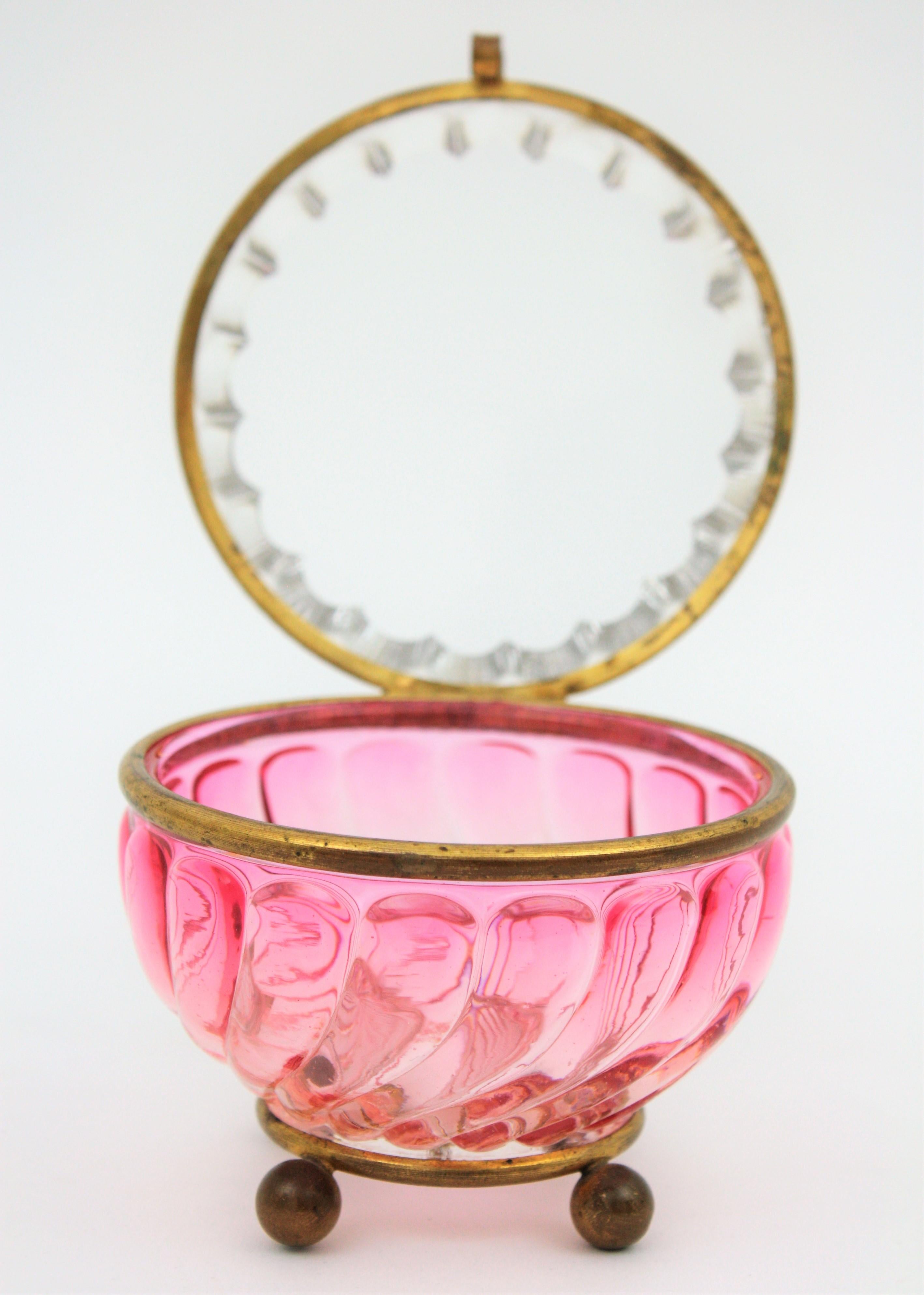 Art Deco French Baccarat Pink Amberina Swirl Bamboo Crystal and Brass Jewelry Box