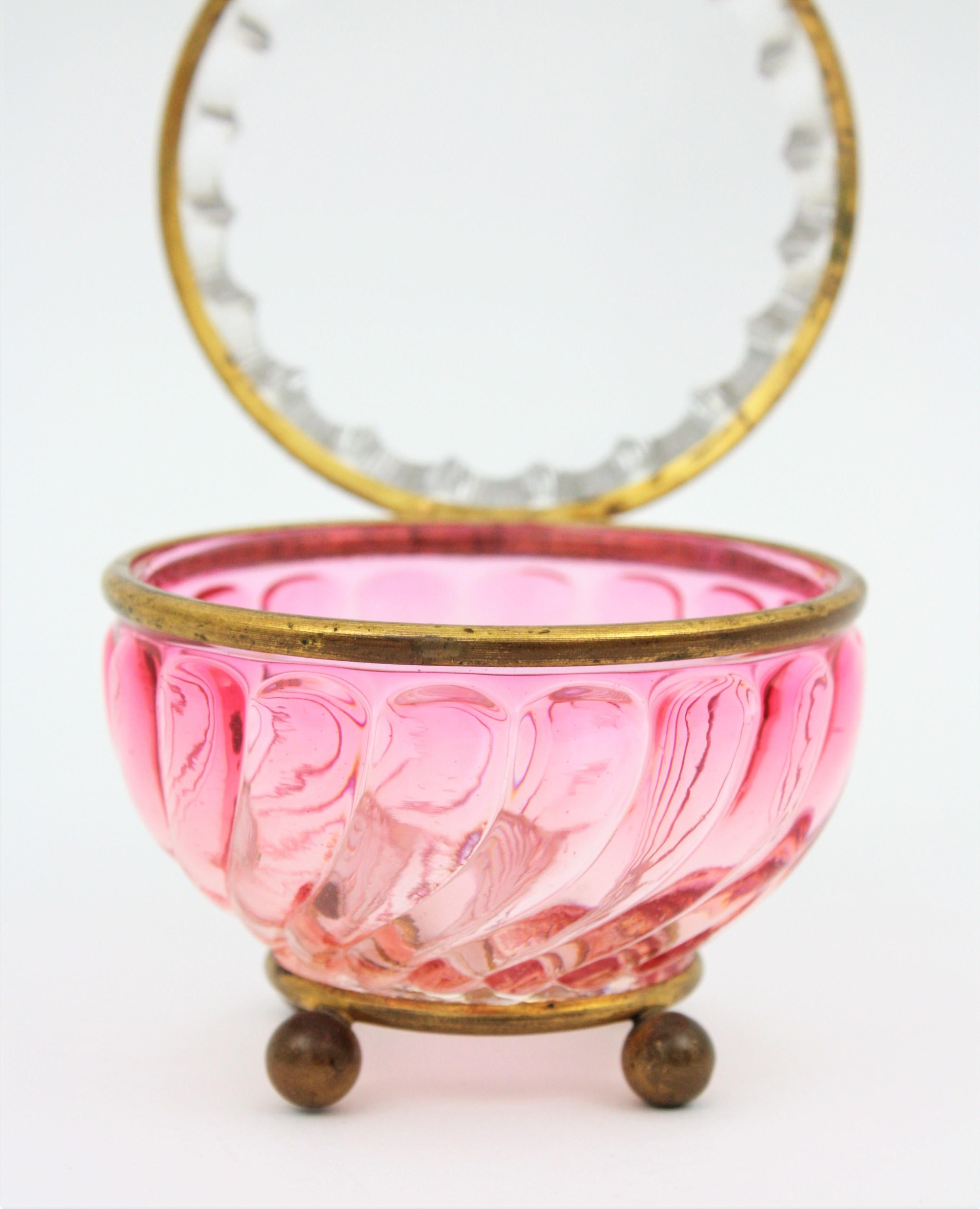 Faceted French Baccarat Pink Amberina Swirl Bamboo Crystal and Brass Jewelry Box