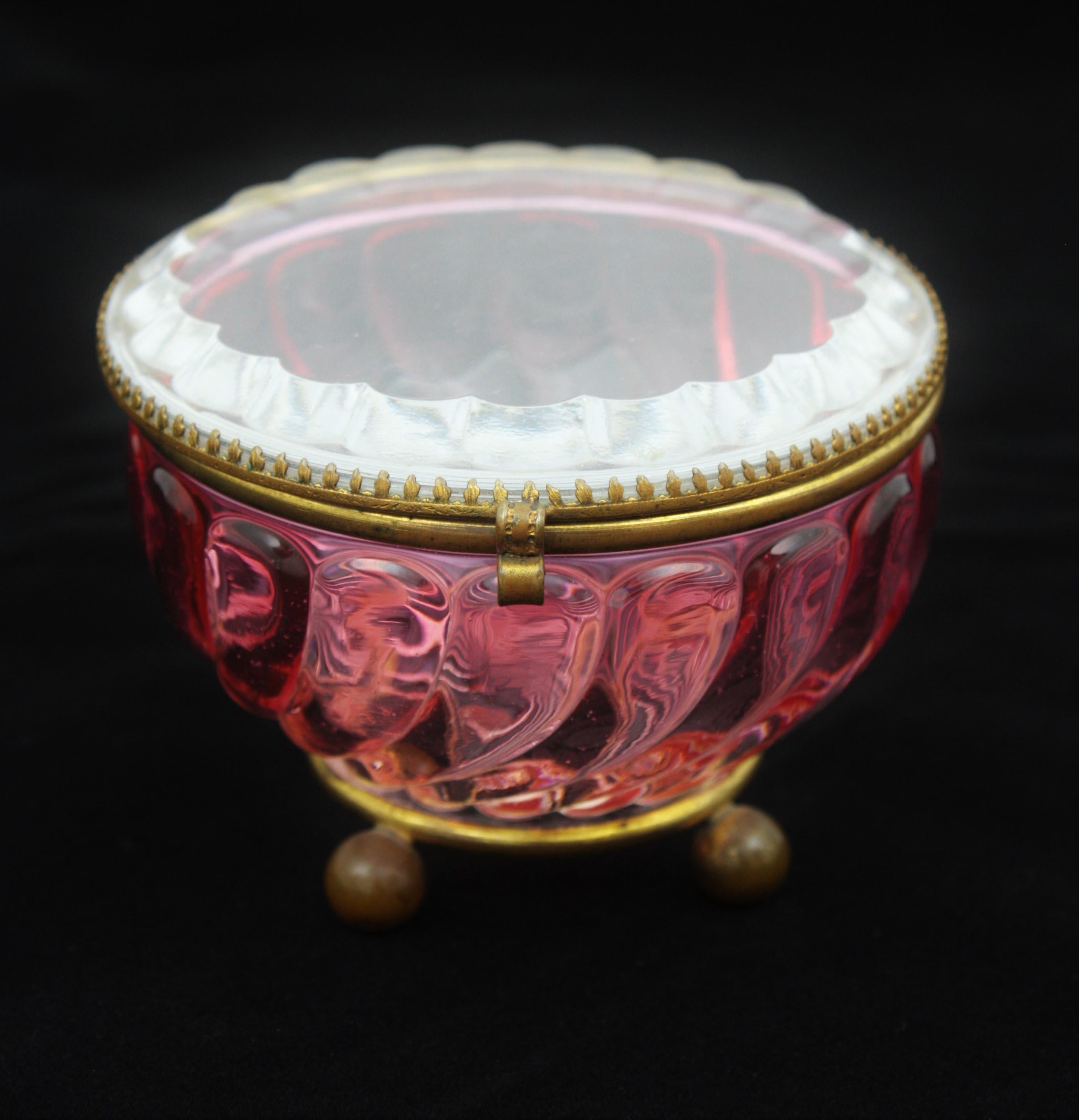20th Century French Baccarat Pink Amberina Swirl Bamboo Crystal and Brass Jewelry Box